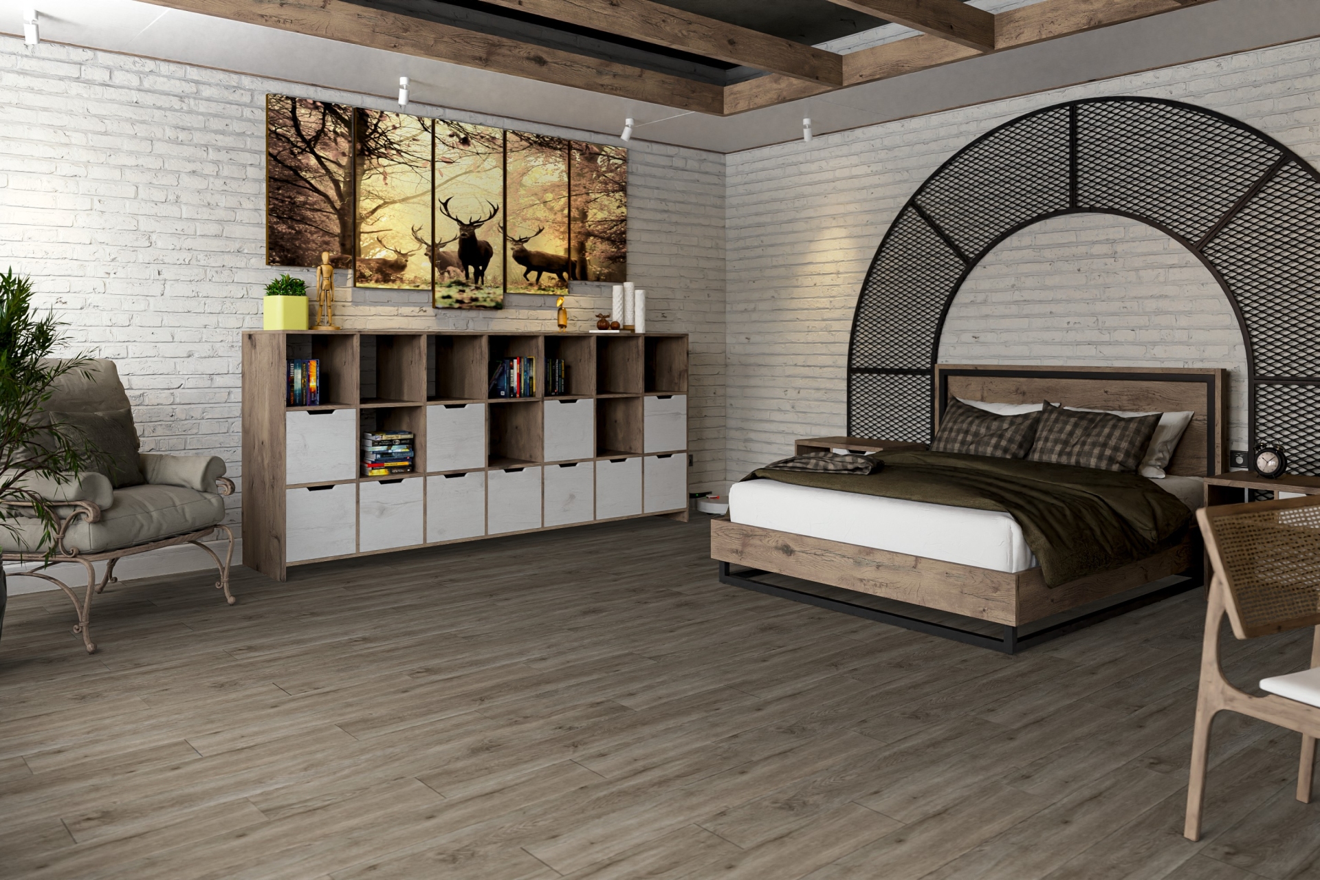 Кварцвиниловый SPC ламинат Damy Floor Family Дуб Горный TCM298-26 1220×180×4 фото в интерьере