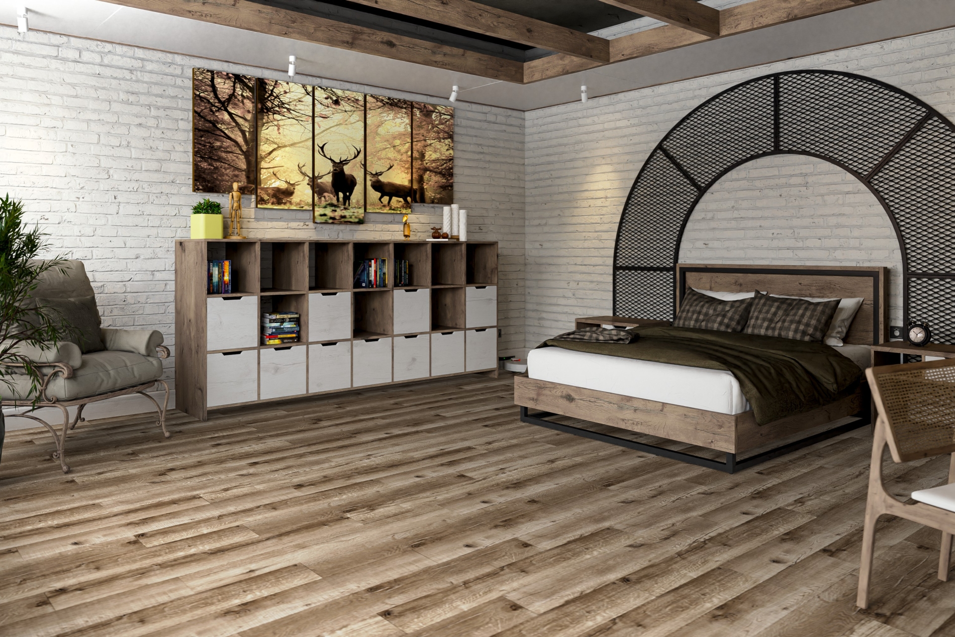 Кварцвиниловый SPC ламинат Damy Floor Family Дуб Изысканный JC8271-7 1220×180×4 фото в интерьере