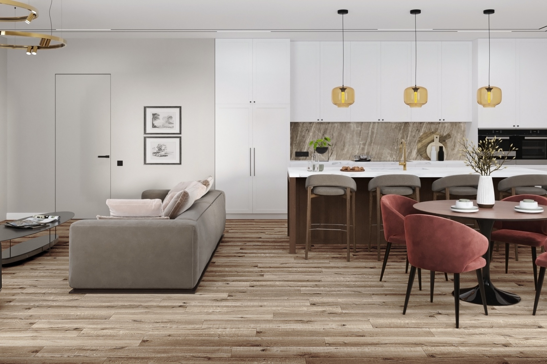 Кварцвиниловый SPC ламинат Damy Floor Family Дуб Изысканный JC8271-7 1220×180×4 фото в интерьере