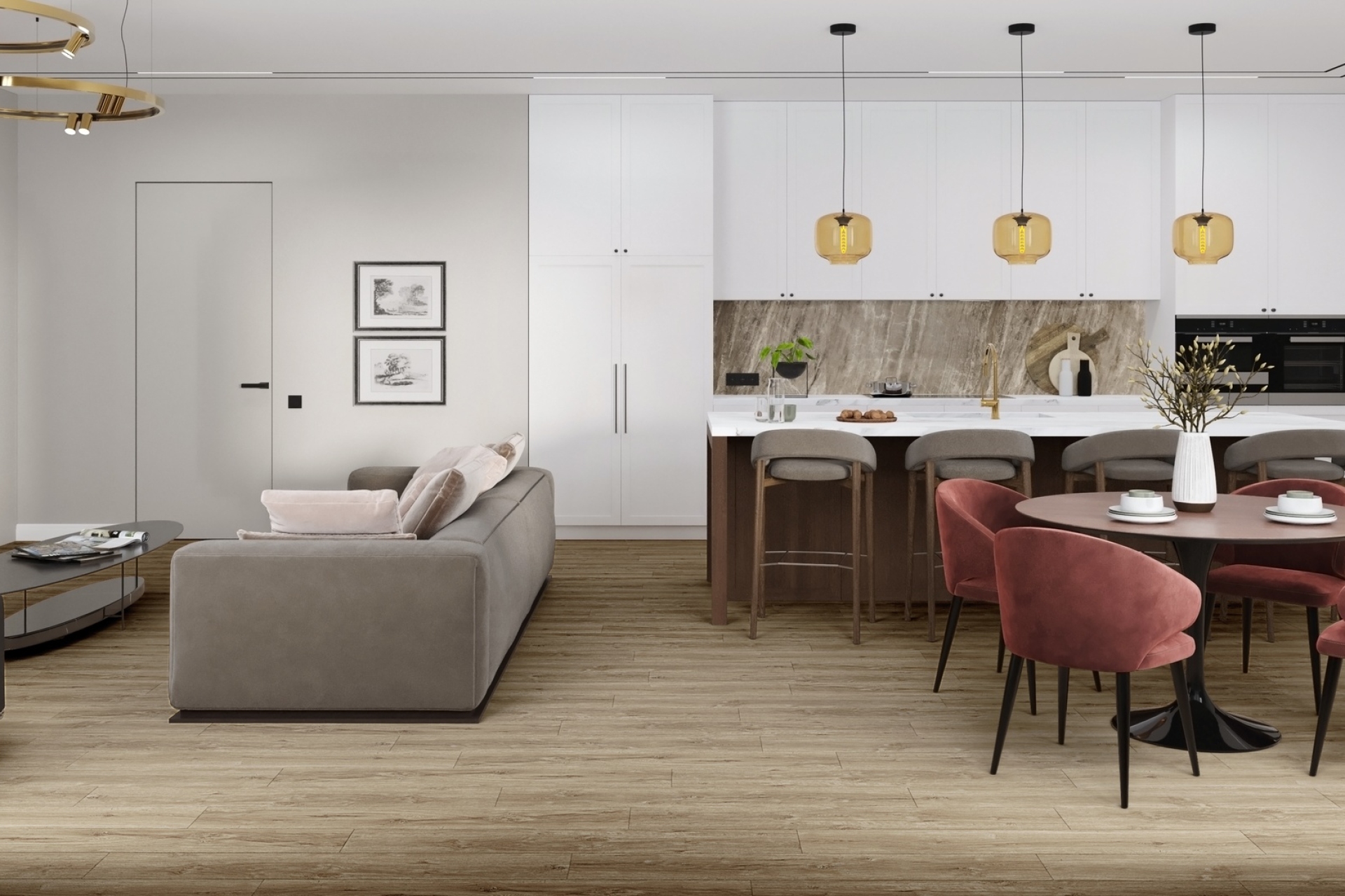 Кварцвиниловый SPC ламинат Damy Floor Family Дуб Имбирный 248-8 1220×180×4 фото в интерьере