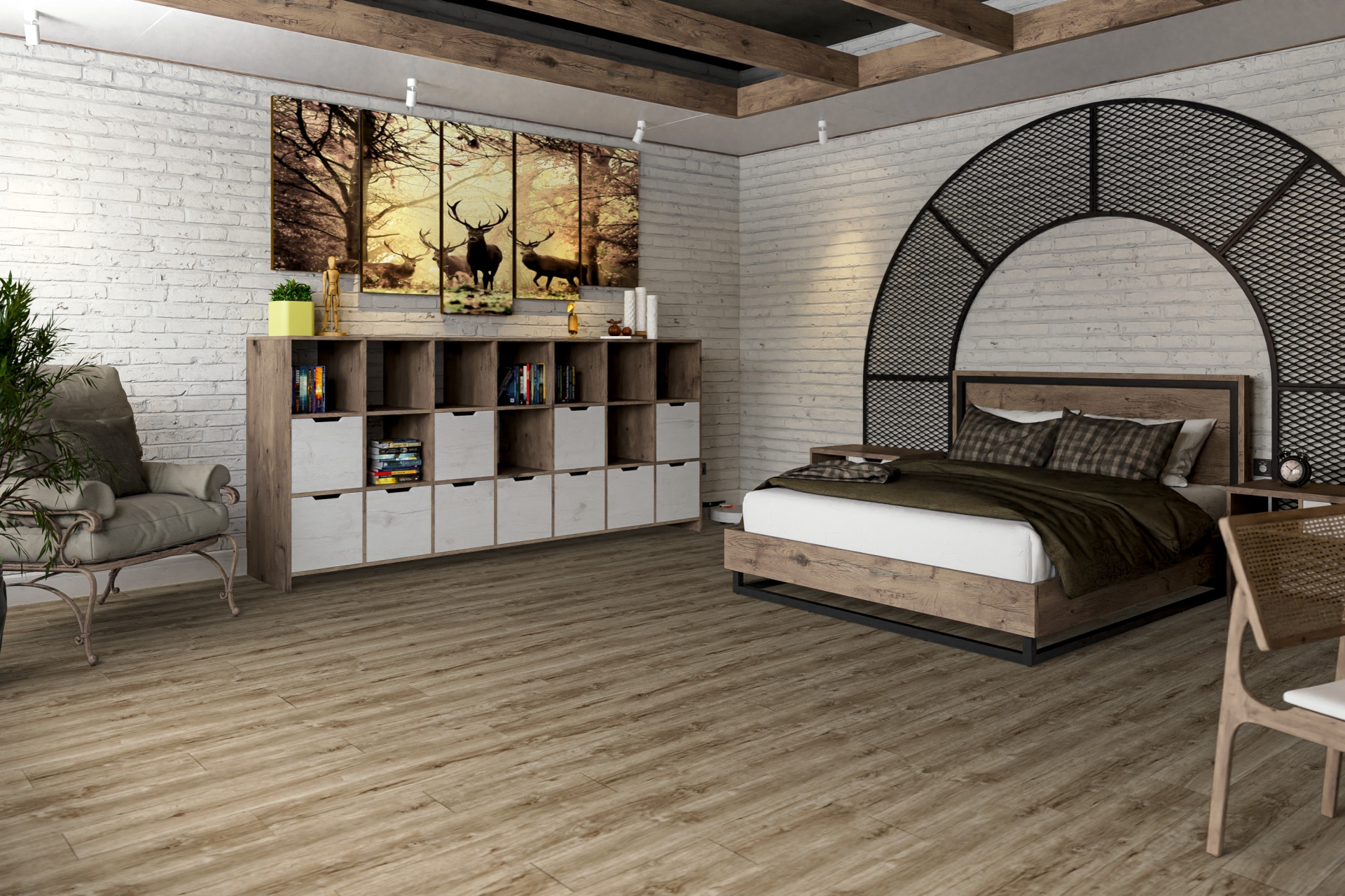 Кварцвиниловый SPC ламинат Damy Floor Family Дуб Имбирный 248-8 1220×180×4 фото в интерьере