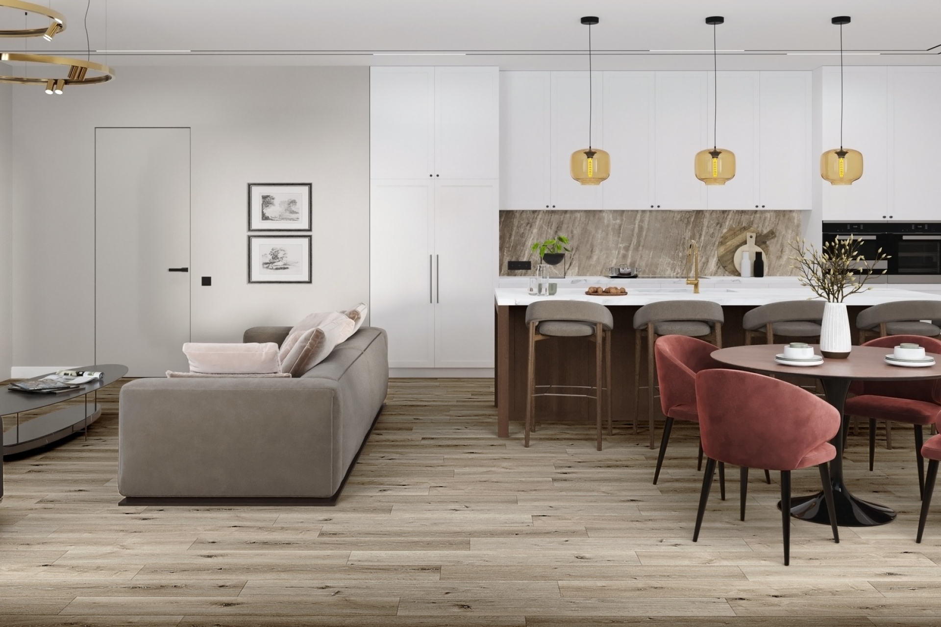 Кварцвиниловый SPC ламинат Damy Floor Family Дуб Лофт 1508-1 1220×180×4 фото в интерьере