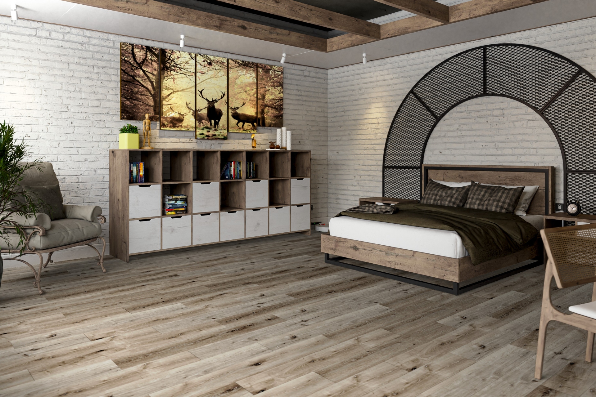 Кварцвиниловый SPC ламинат Damy Floor Family Дуб Лофт 1508-1 1220×180×4 фото в интерьере