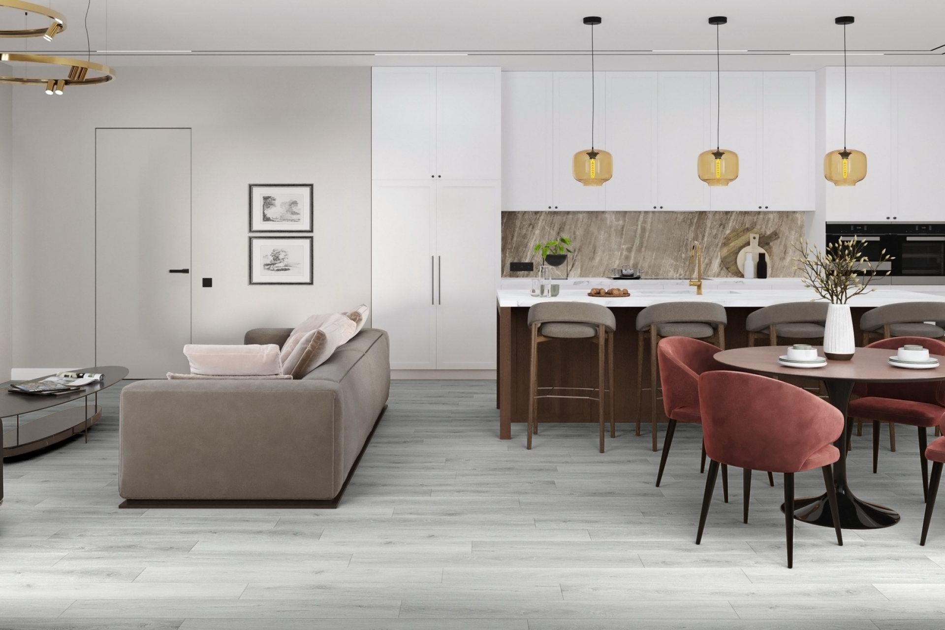 Кварцвиниловый SPC ламинат Damy Floor Family Дуб Альпийский 1536-2 1220×180×4 фото в интерьере