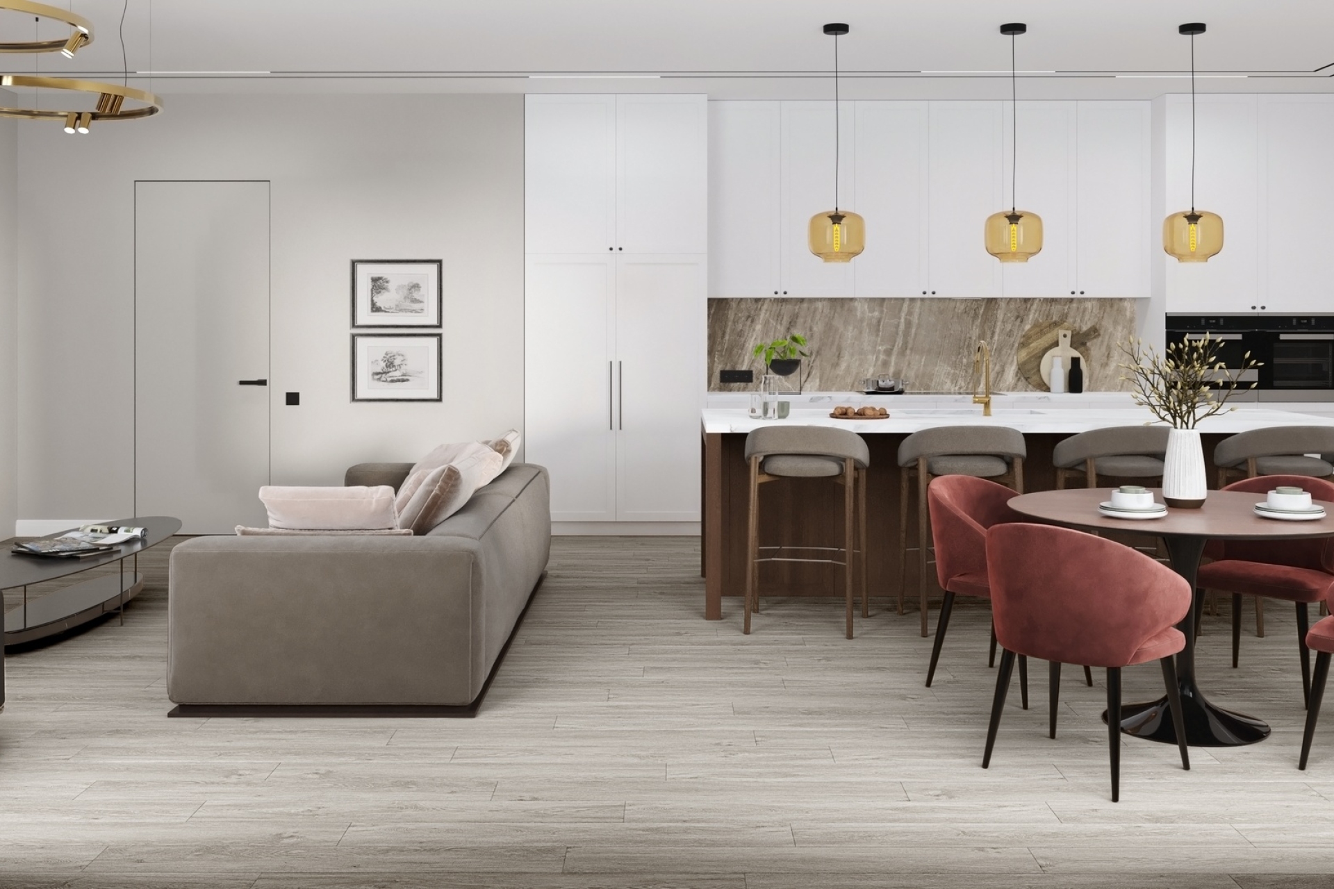 Кварцвиниловый SPC ламинат Damy Floor Family Дуб Английский English Oak SL3683-6 1220×180×4 фото в интерьере