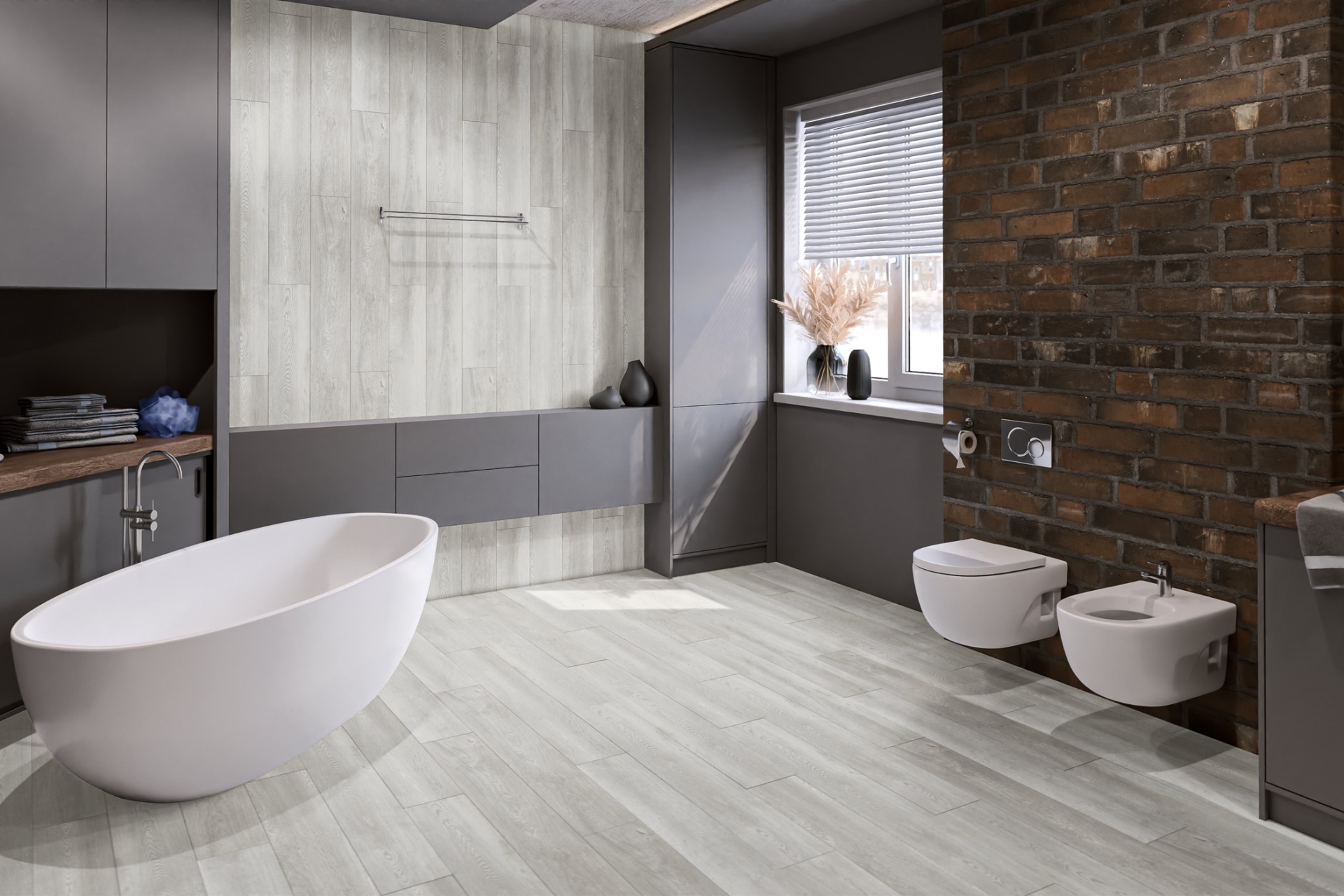 Кварцвиниловый SPC ламинат Damy Floor Family Дуб Зимний TCM304-3 1220×180×4 фото в интерьере