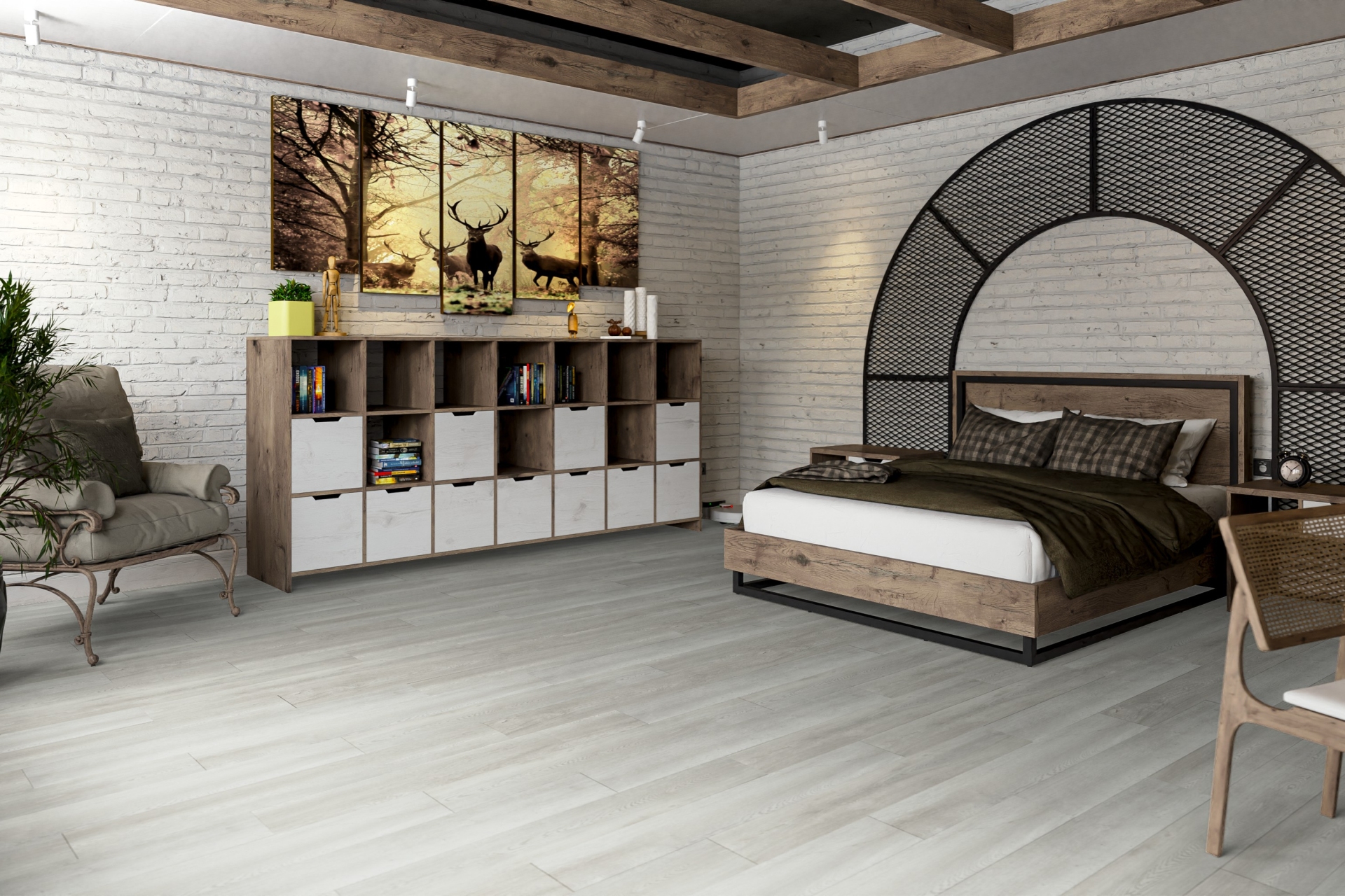 Кварцвиниловый SPC ламинат Damy Floor Family Дуб Зимний TCM304-3 1220×180×4 фото в интерьере