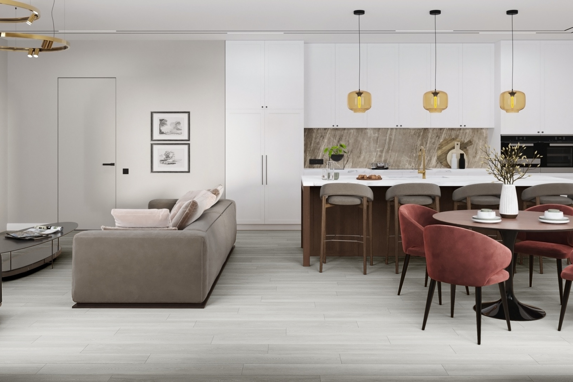 Кварцвиниловый SPC ламинат Damy Floor Family Дуб Зимний TCM304-3 1220×180×4 фото в интерьере