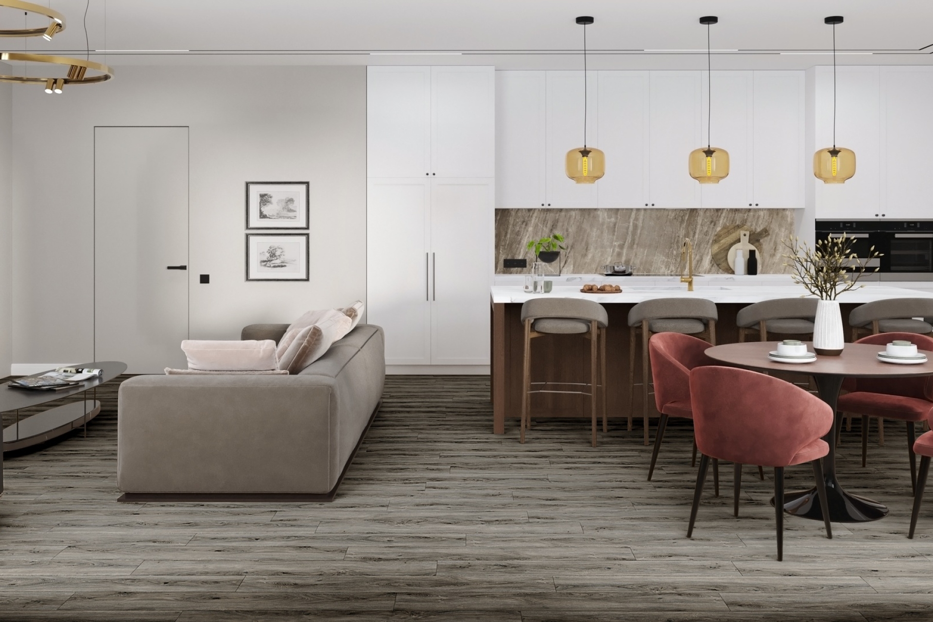 Кварцвиниловый SPC ламинат Damy Floor Family Дуб Кантри TCM359-25 1220×180×4 фото в интерьере