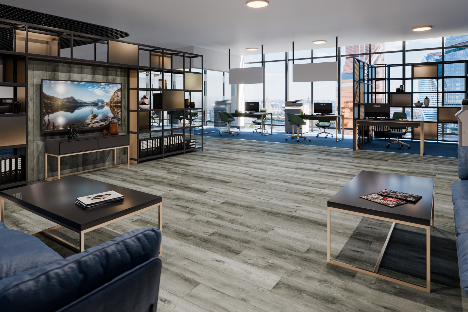 Кварцвиниловый SPC ламинат Damy Floor Family Дуб Рустикальный Cерый TCM369-28 1220×180×4 фото в интерьере
