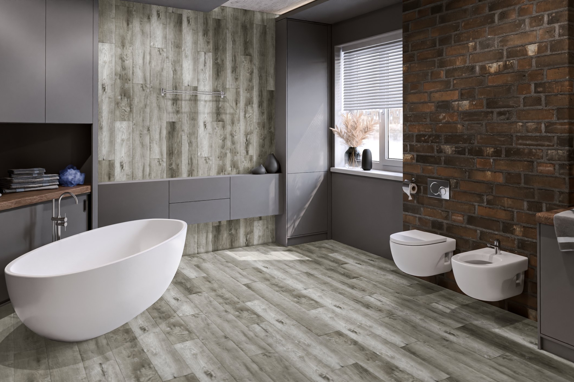 Кварцвиниловый SPC ламинат Damy Floor Family Дуб Рустикальный Cерый TCM369-28 1220×180×4 фото в интерьере