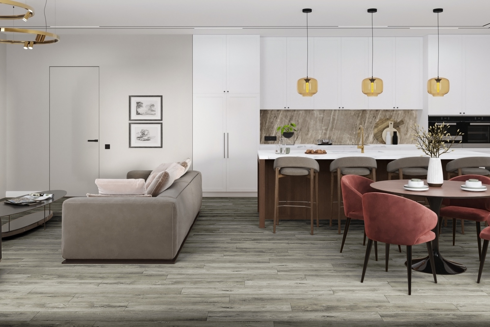 Кварцвиниловый SPC ламинат Damy Floor Family Дуб Рустикальный Cерый TCM369-28 1220×180×4 фото в интерьере