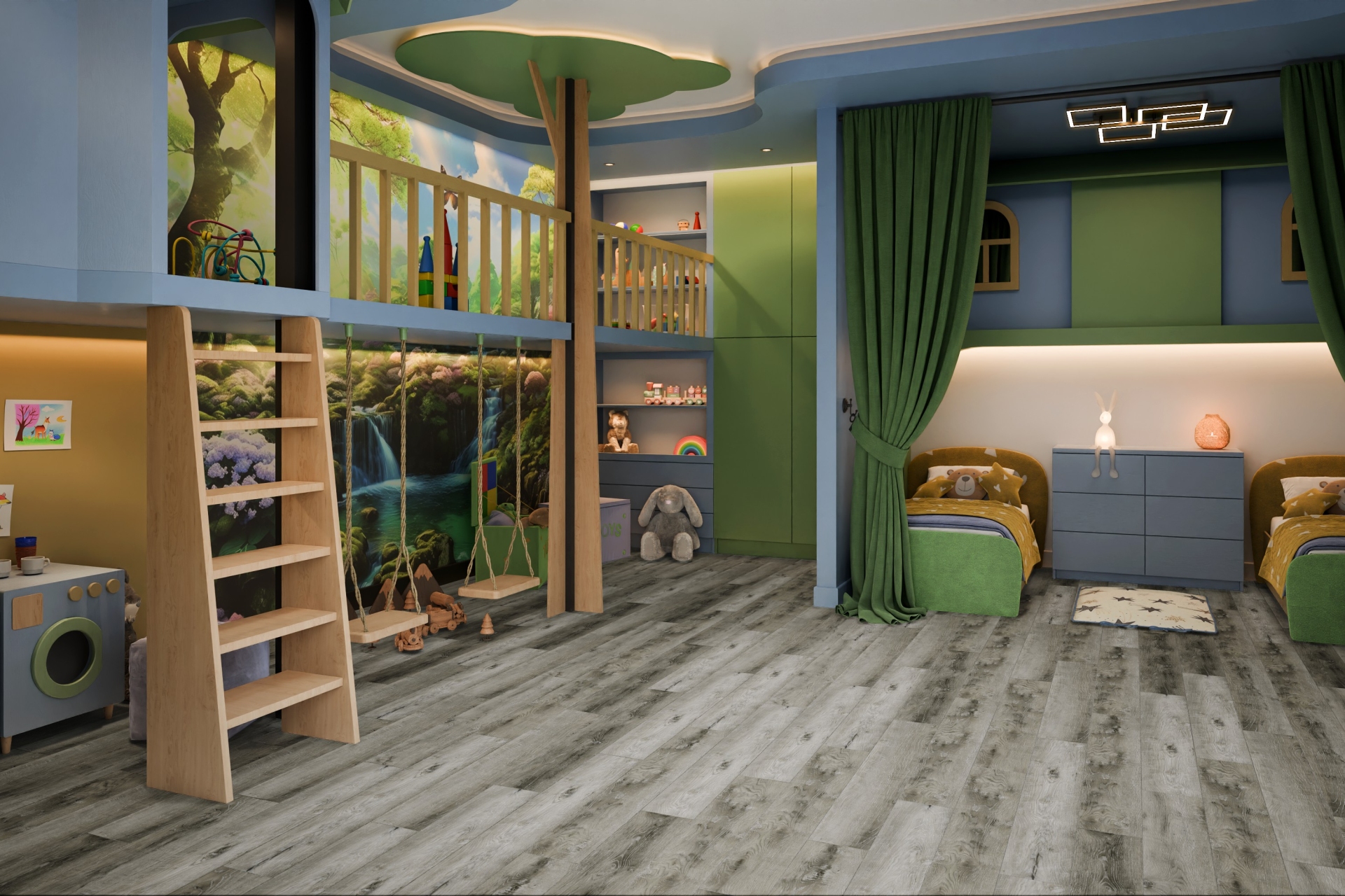 Кварцвиниловый SPC ламинат Damy Floor Family Дуб Рустикальный Cерый TCM369-28 1220×180×4 фото в интерьере