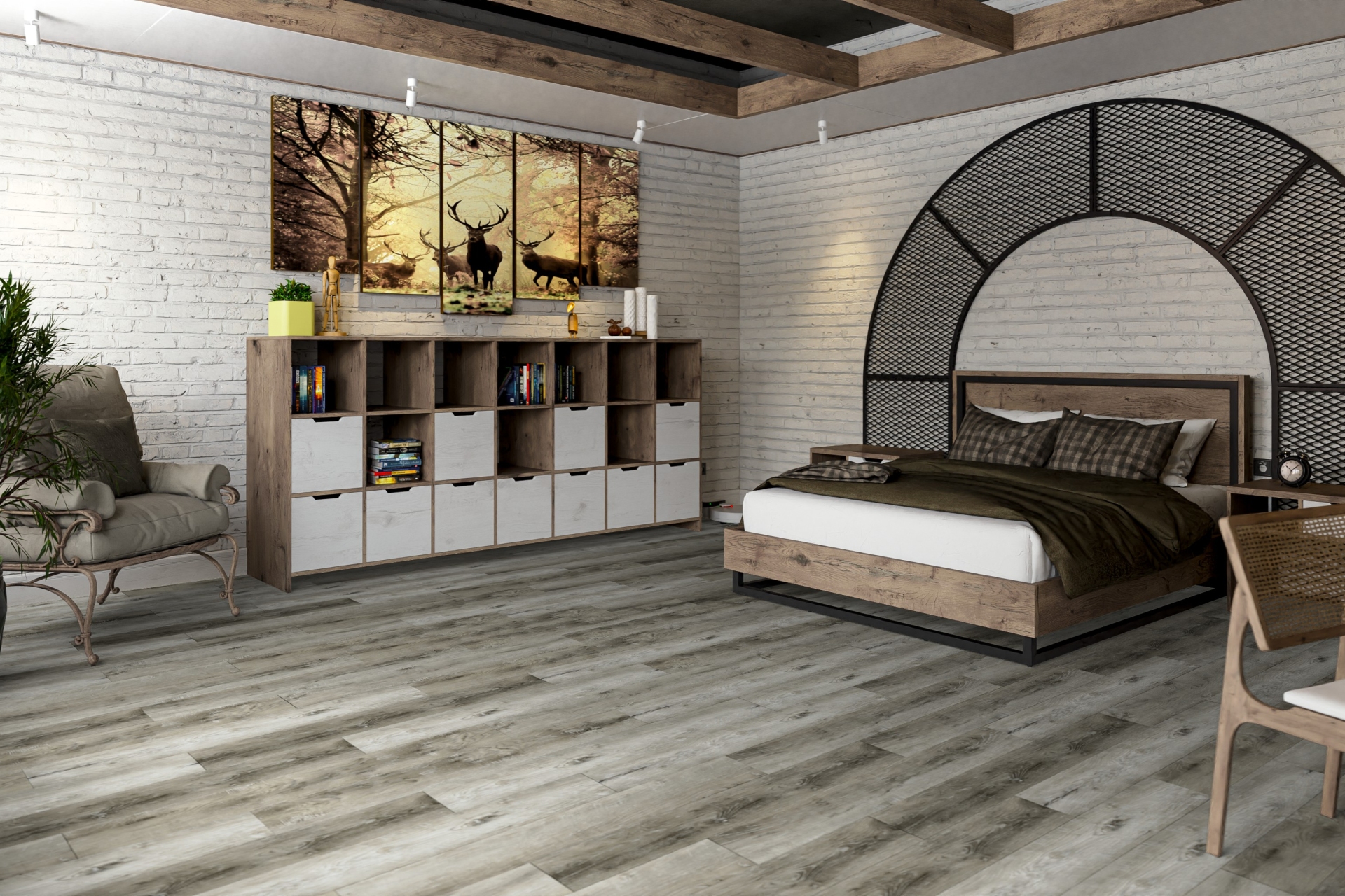 Кварцвиниловый SPC ламинат Damy Floor Family Дуб Рустикальный Cерый TCM369-28 1220×180×4 фото в интерьере