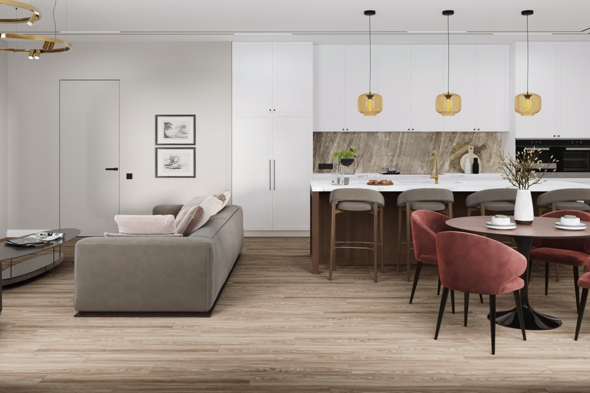 Кварцвиниловый SPC ламинат Damy Floor Family Дуб Селект 001-2 1220×180×4 фото в интерьере
