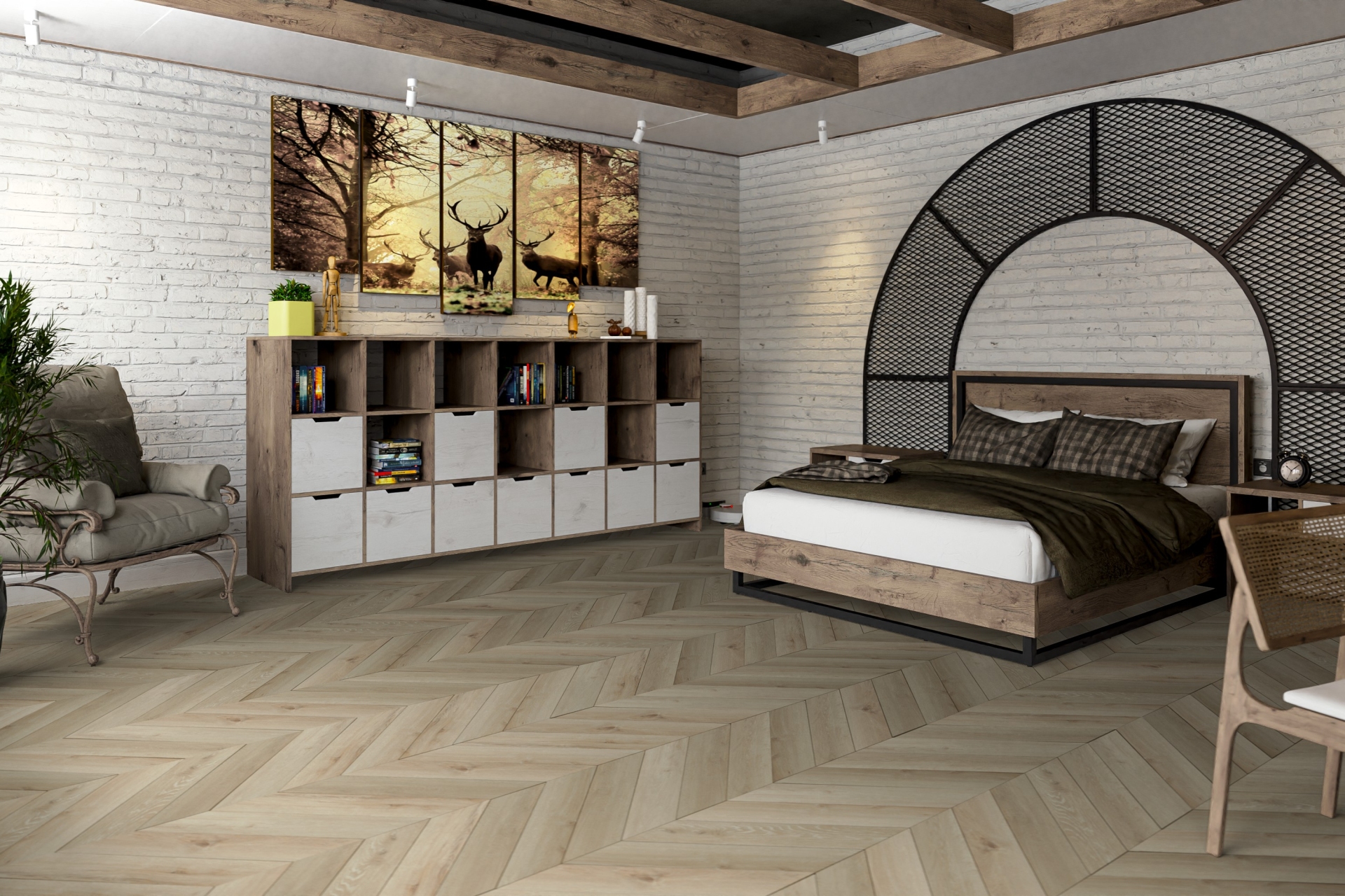 Кварцвиниловый SPC ламинат Damy Floor Chevron Версаль DF01-Ch французская елка 600×127×5 фото в интерьере