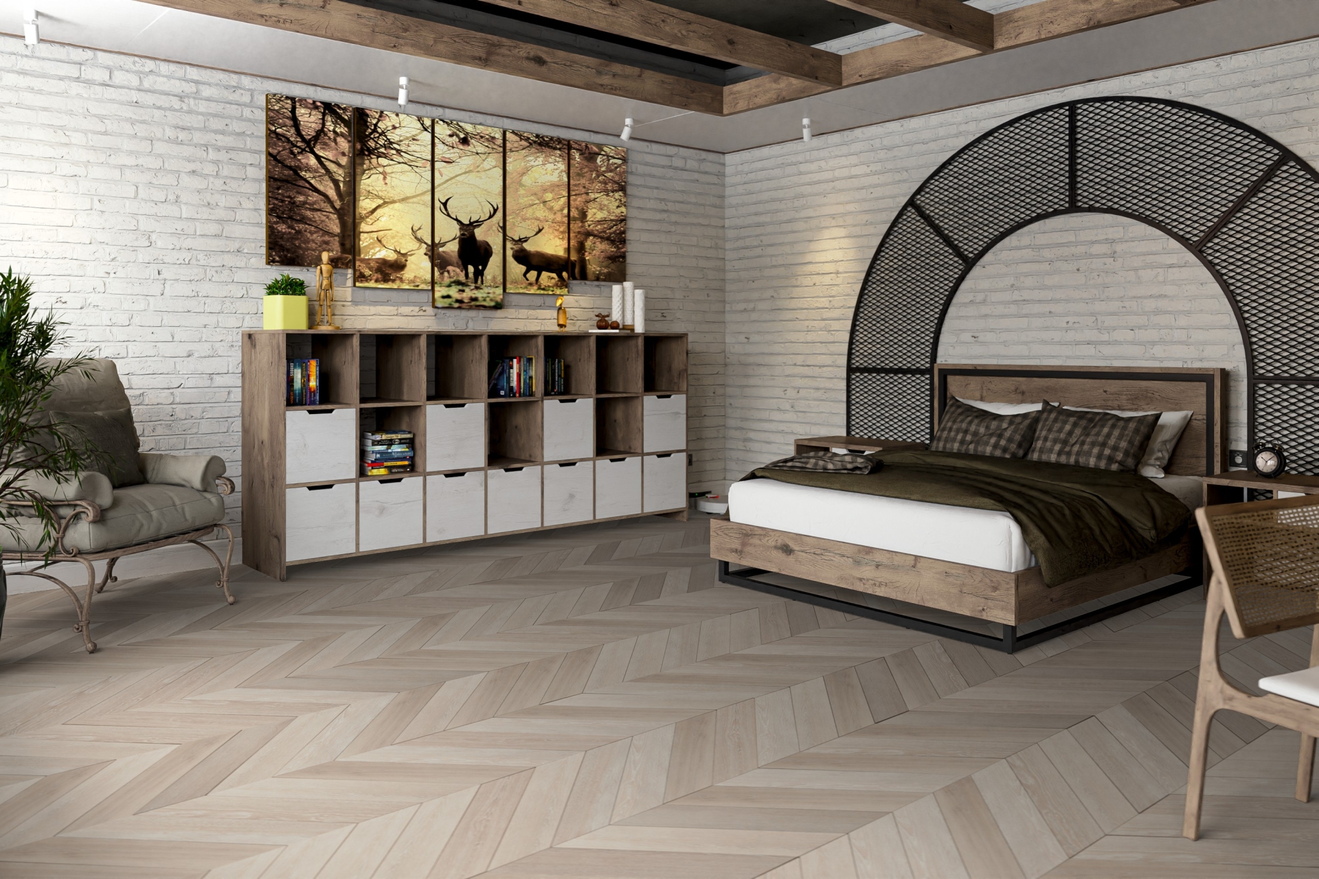 Кварцвиниловый SPC ламинат Damy Floor Chevron Пале-Рояль DF02-Ch французская елка 600×127×5 фото в интерьере