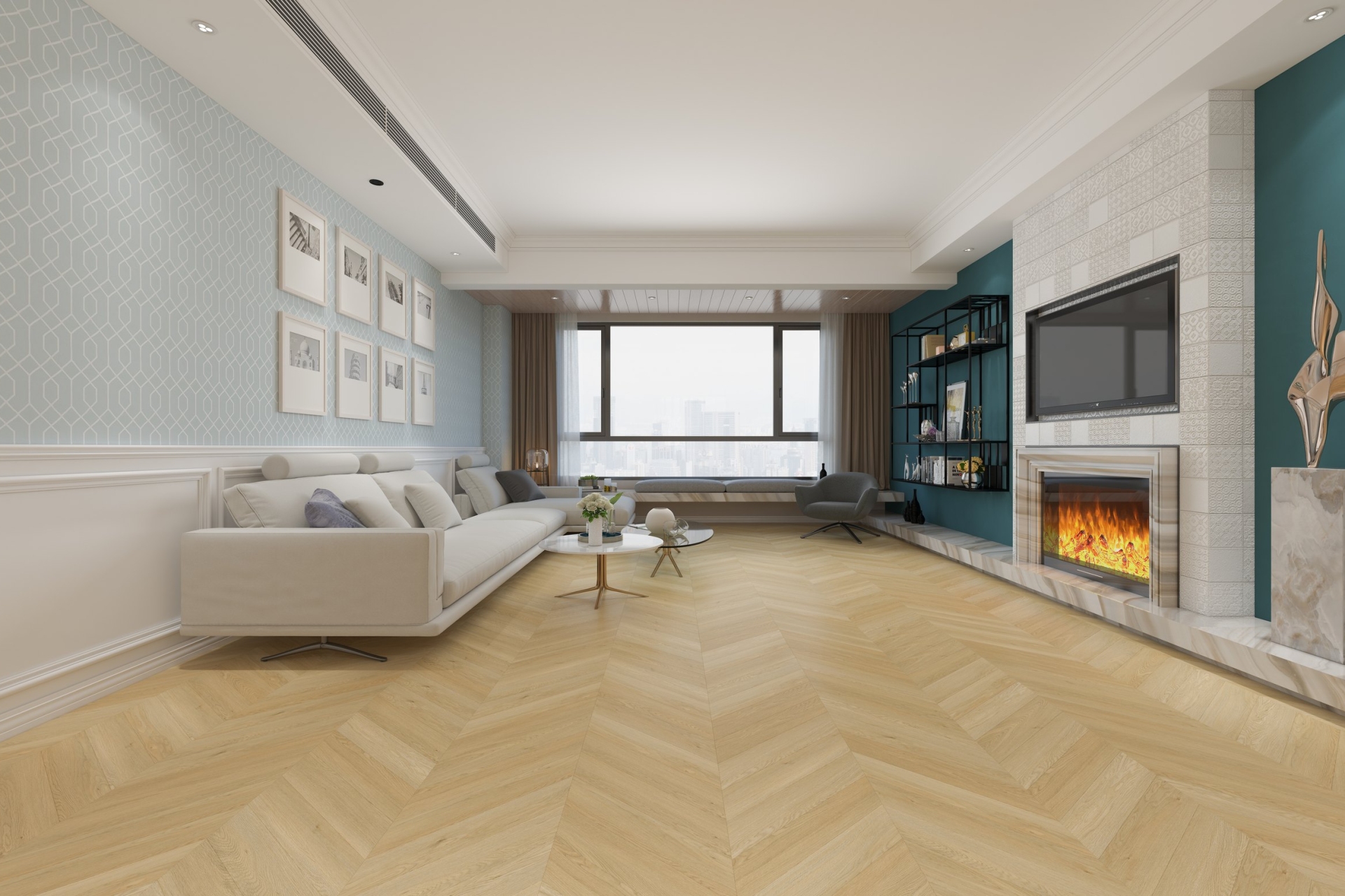 Кварцвиниловый SPC ламинат Damy Floor Chevron Тюильри DF03-Ch французская елка 600×127×5 фото в интерьере