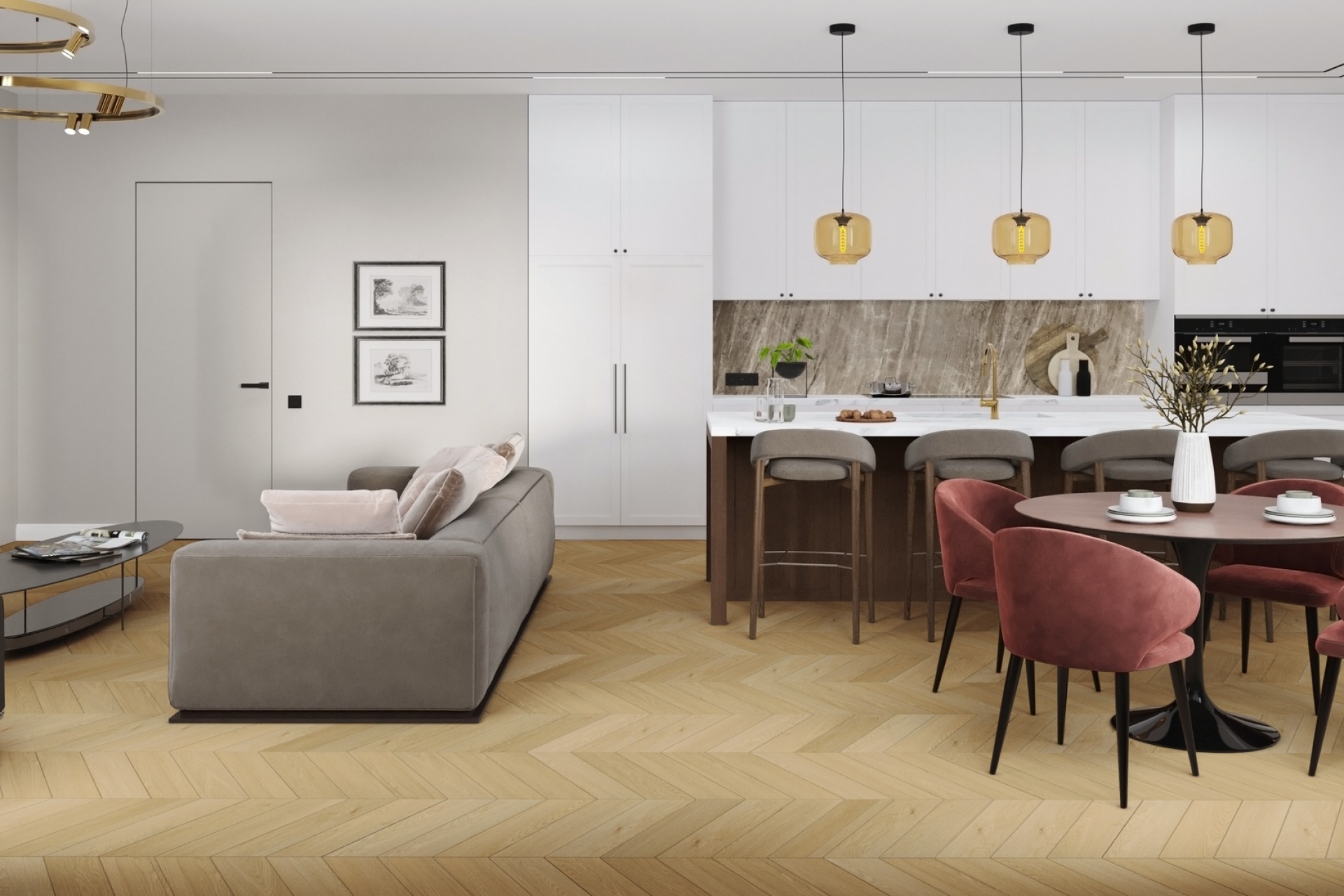 Кварцвиниловый SPC ламинат Damy Floor Chevron Тюильри DF03-Ch французская елка 600×127×5 фото в интерьере