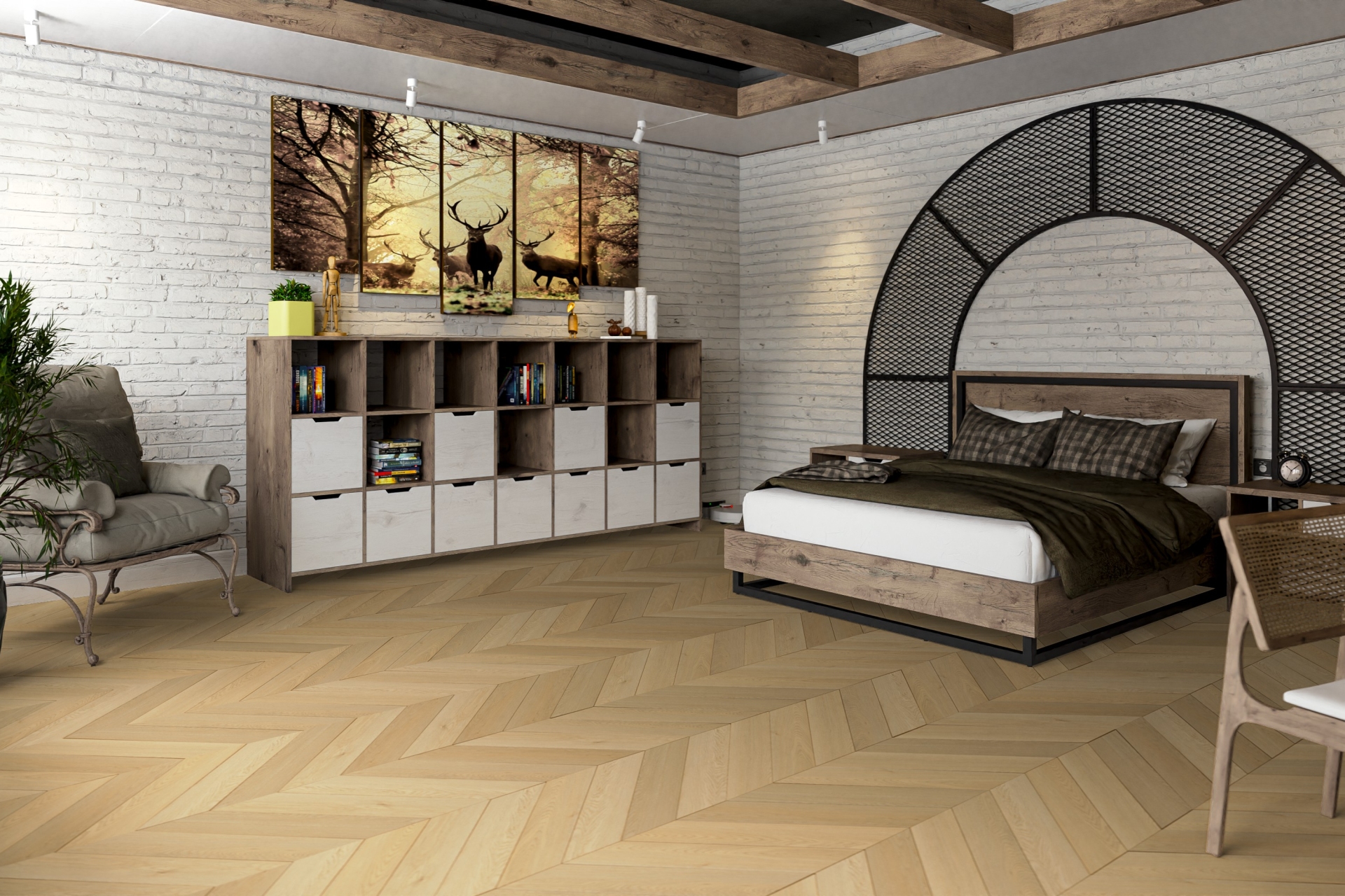 Кварцвиниловый SPC ламинат Damy Floor Chevron Тюильри DF03-Ch французская елка 600×127×5 фото в интерьере
