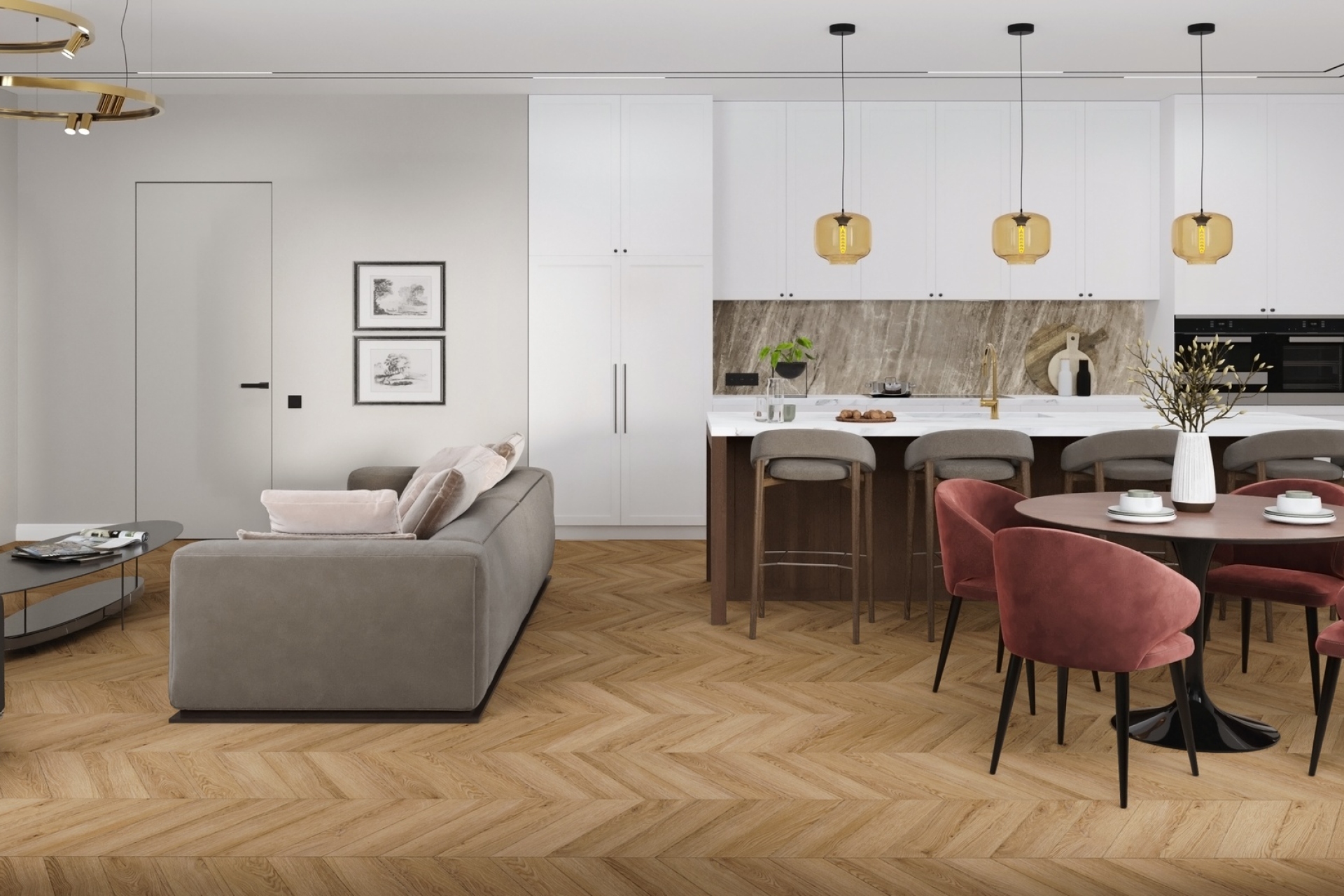 Кварцвиниловый SPC ламинат Damy Floor Chevron Лувр DF04-Ch французская елка 600×127×5 фото в интерьере