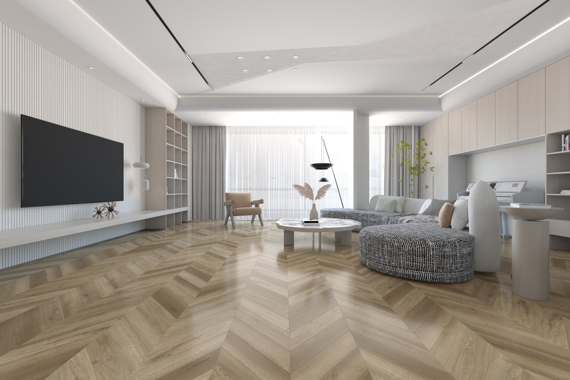 Кварцвиниловый SPC ламинат Damy Floor Chevron Сен-Жермен DF05-Ch французская елка 600×127×5 фото в интерьере