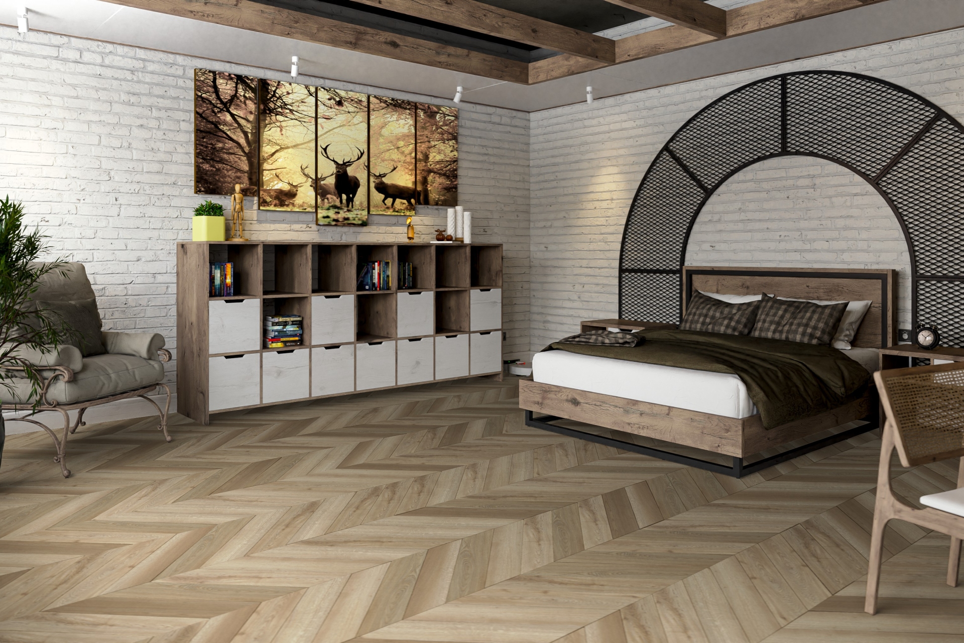 Кварцвиниловый SPC ламинат Damy Floor Chevron Сен-Жермен DF05-Ch французская елка 600×127×5 фото в интерьере
