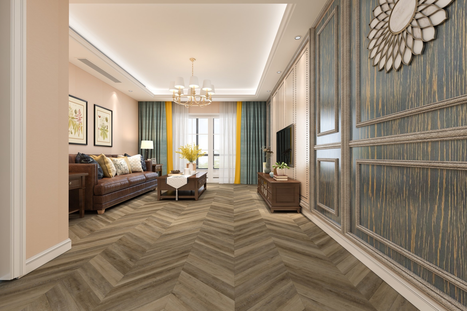Кварцвиниловый SPC ламинат Damy Floor Chevron Амбуаз DF06-Ch французская елка 600×127×5 фото в интерьере