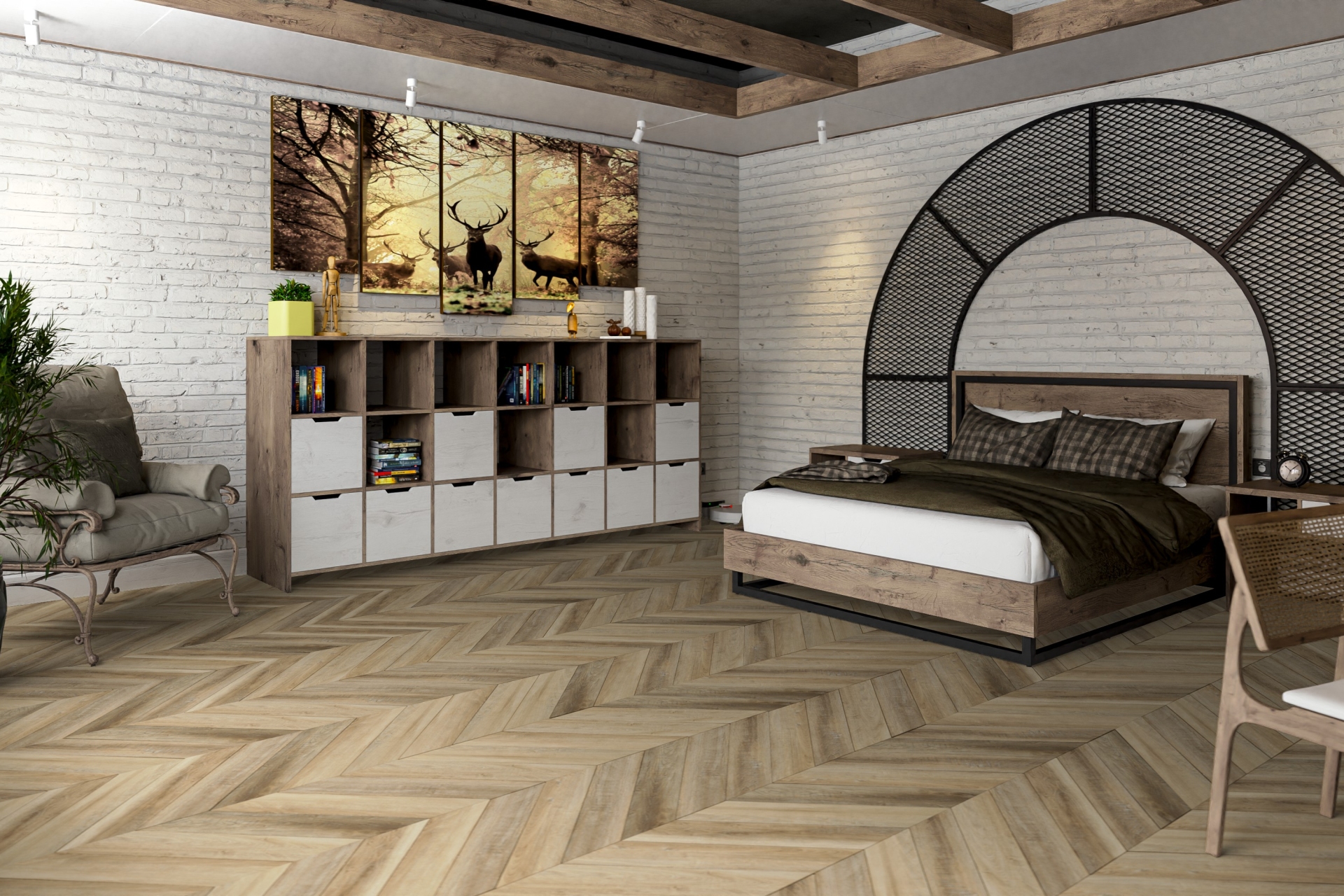 Кварцвиниловый SPC ламинат Damy Floor Chevron Амбуаз DF06-Ch французская елка 600×127×5 фото в интерьере
