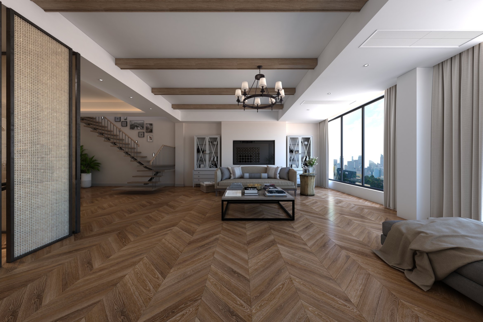Кварцвиниловый SPC ламинат Damy Floor Chevron Шайо DF07-Ch французская елка 600×127×5 фото в интерьере