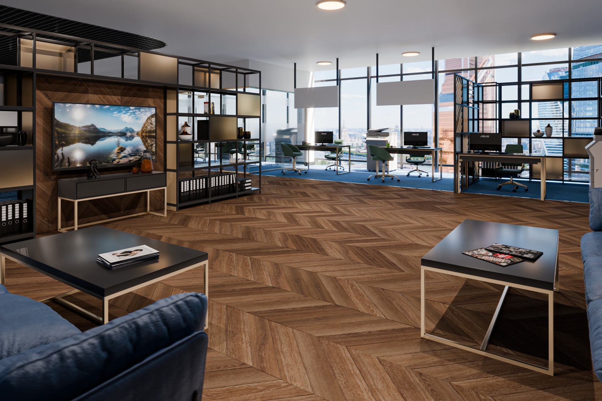 Кварцвиниловый SPC ламинат Damy Floor Chevron Шайо DF07-Ch французская елка 600×127×5 фото в интерьере