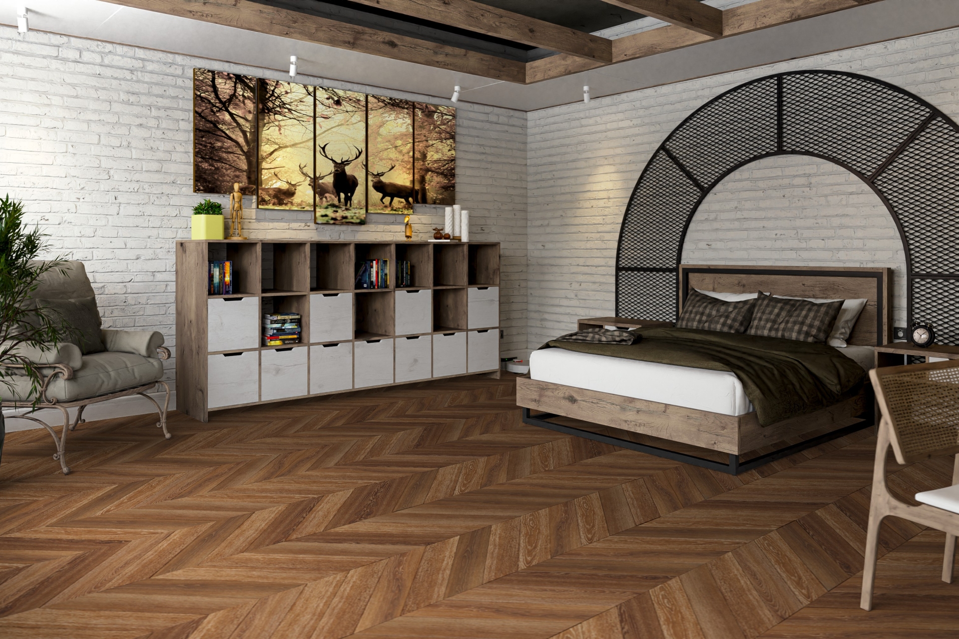 Кварцвиниловый SPC ламинат Damy Floor Chevron Шайо DF07-Ch французская елка 600×127×5 фото в интерьере