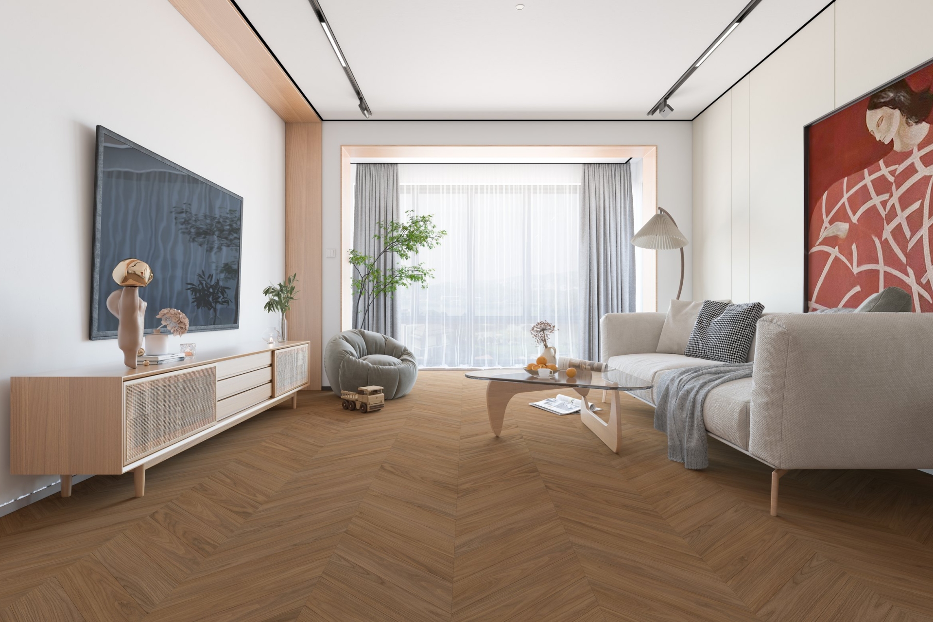 Кварцвиниловый SPC ламинат Damy Floor Chevron Блуа DF08-Ch французская елка 600×127×5 фото в интерьере