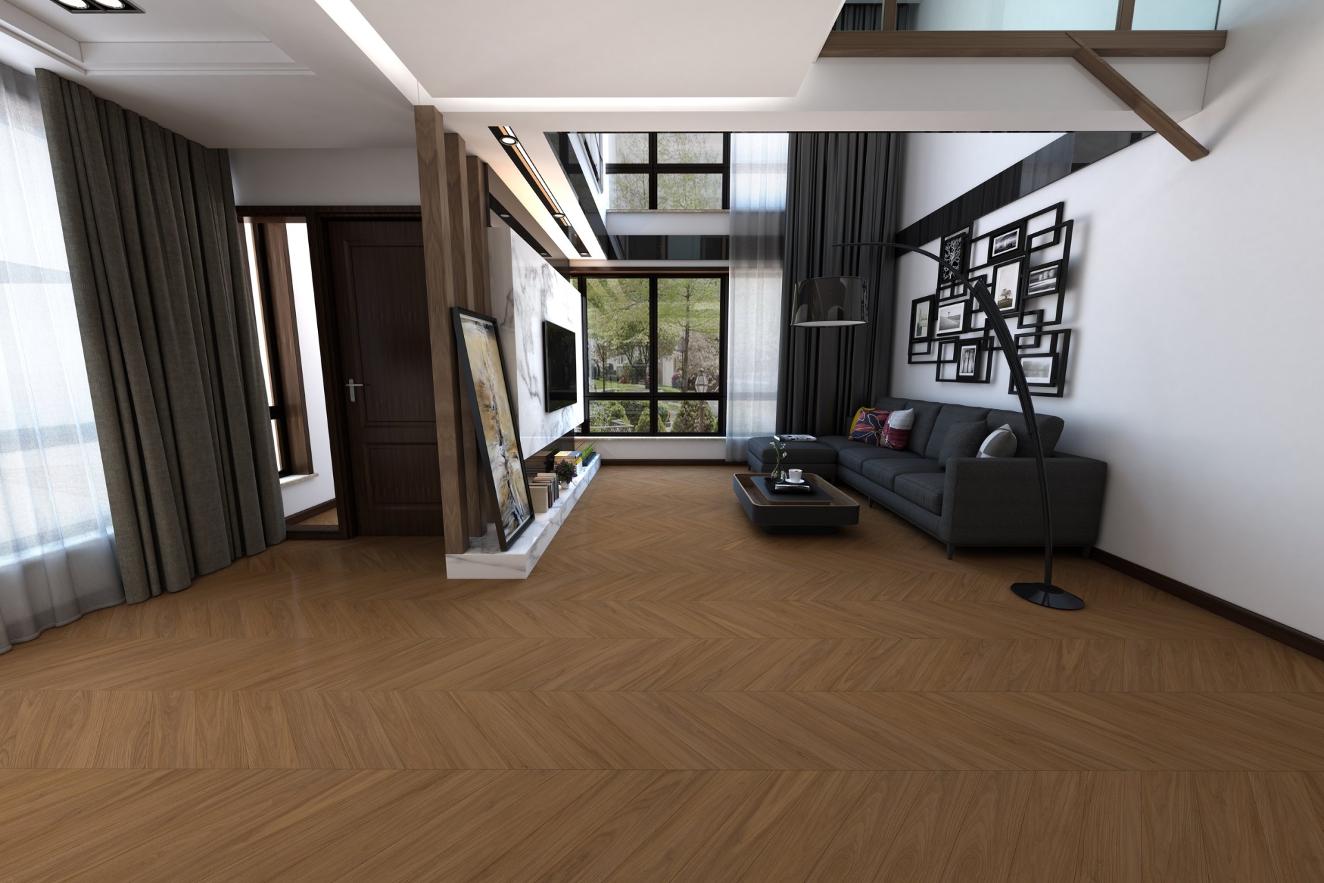 Кварцвиниловый SPC ламинат Damy Floor Chevron Блуа DF08-Ch французская елка 600×127×5 фото в интерьере
