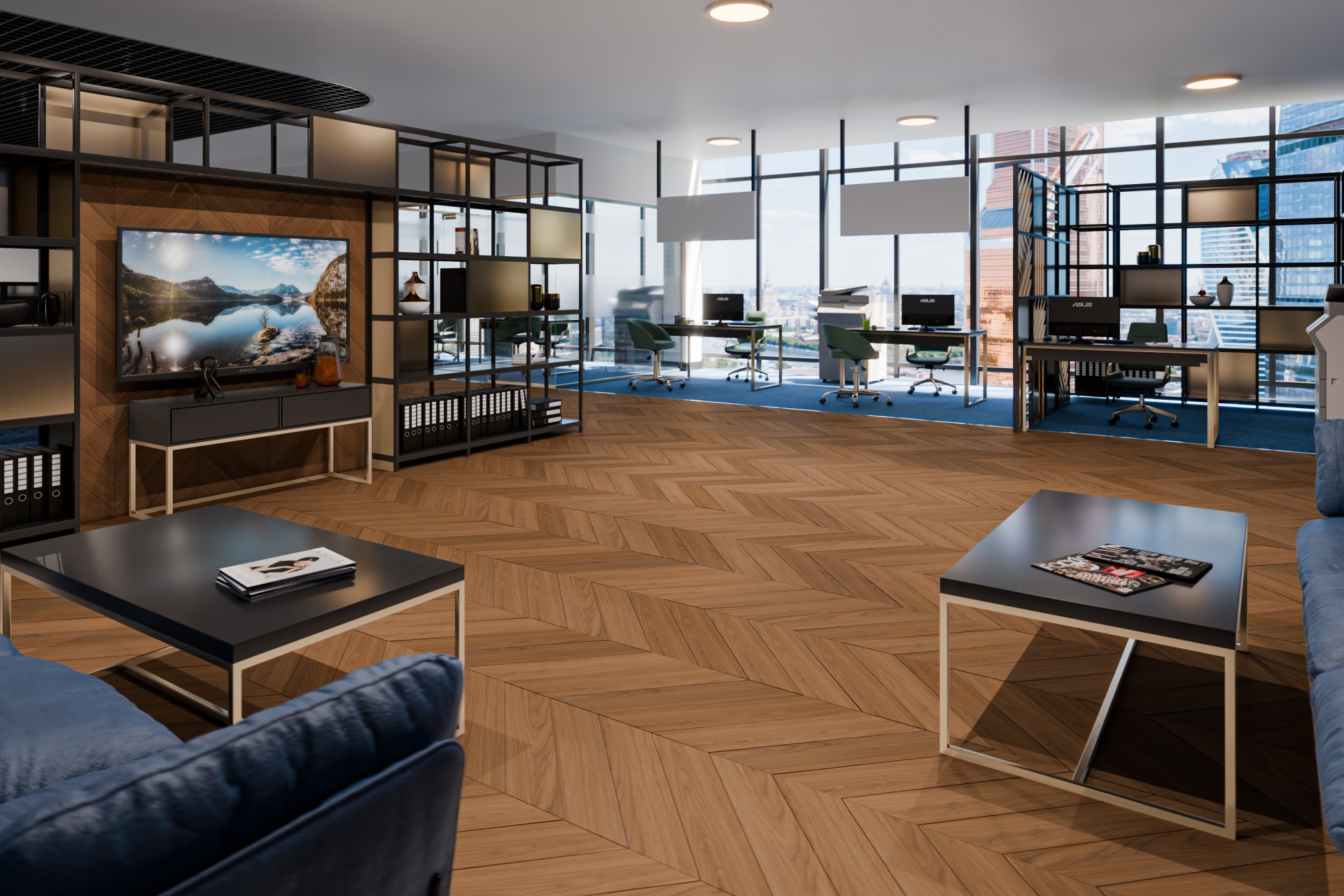 Кварцвиниловый SPC ламинат Damy Floor Chevron Блуа DF08-Ch французская елка 600×127×5 фото в интерьере