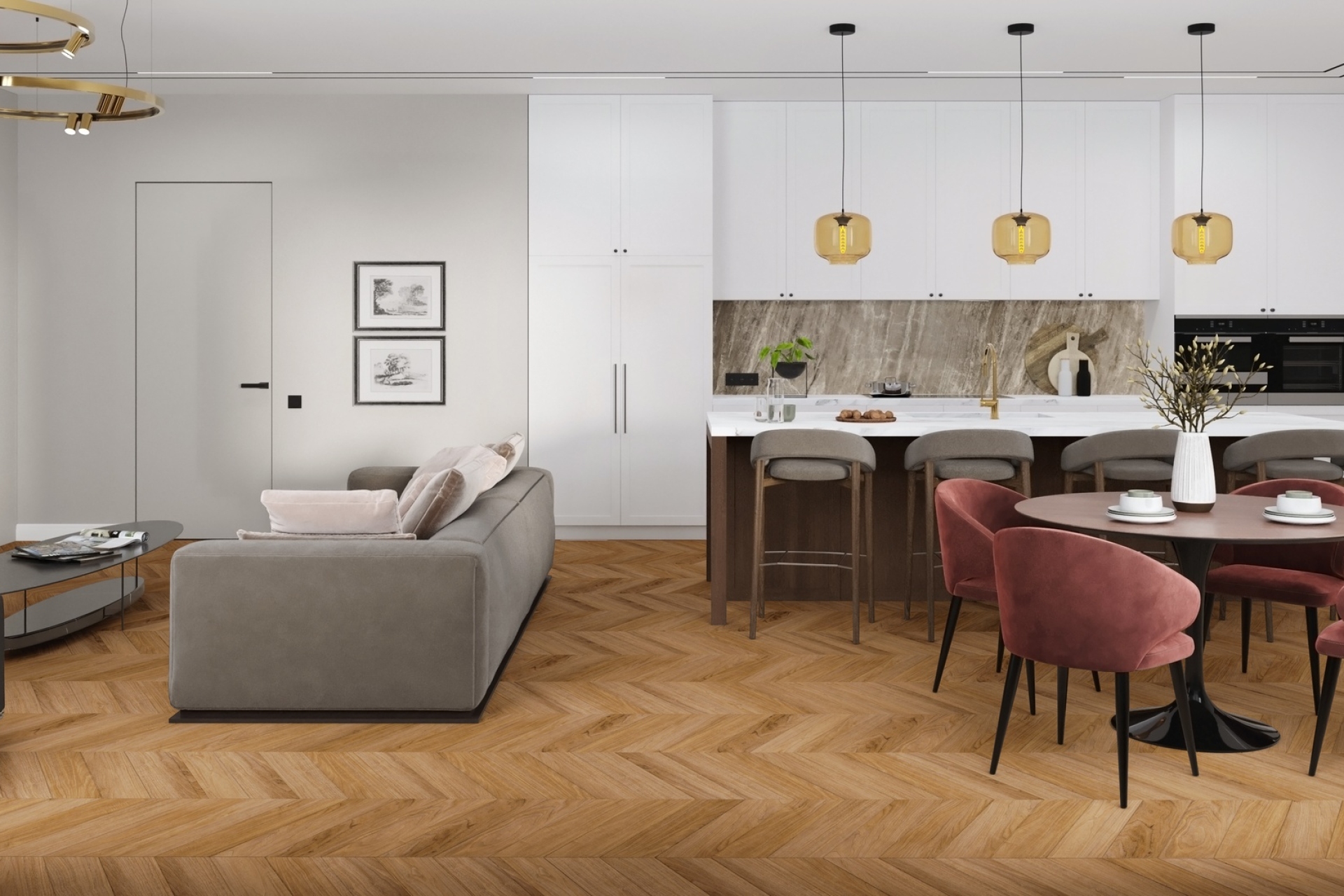 Кварцвиниловый SPC ламинат Damy Floor Chevron Монсоро DF09-Ch французская елка 600×127×5 фото в интерьере