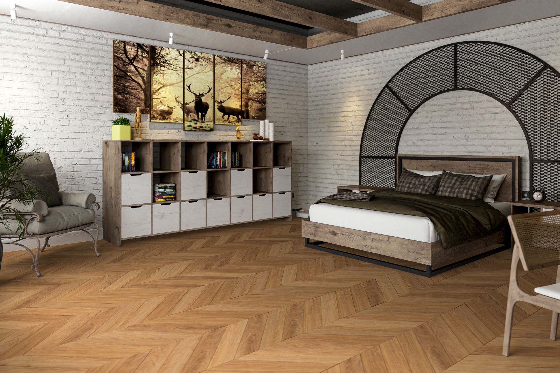 Кварцвиниловый SPC ламинат Damy Floor Chevron Монсоро DF09-Ch французская елка 600×127×5 фото в интерьере