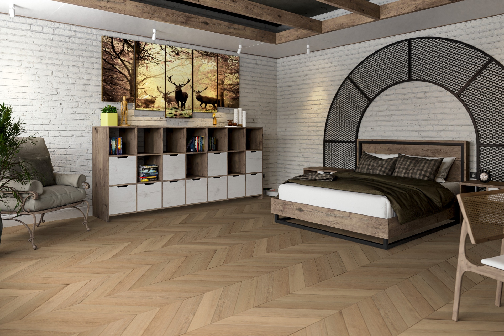 Кварцвиниловый SPC ламинат Damy Floor Chevron Сен-Клу DF10-Ch французская елка 600×127×5 фото в интерьере