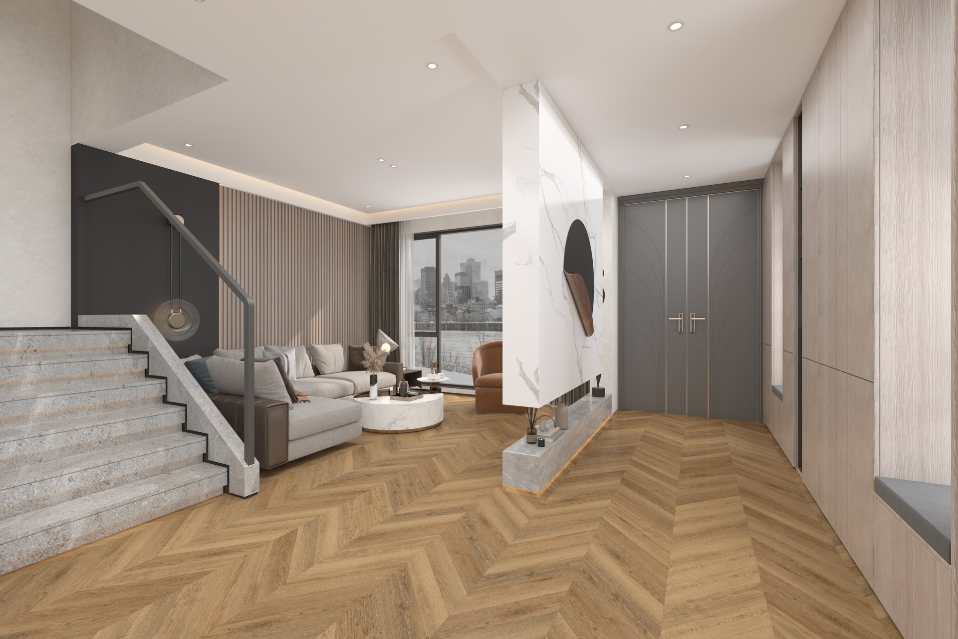 Кварцвиниловый SPC ламинат Damy Floor Chevron Сен-Клу DF10-Ch французская елка 600×127×5 фото в интерьере