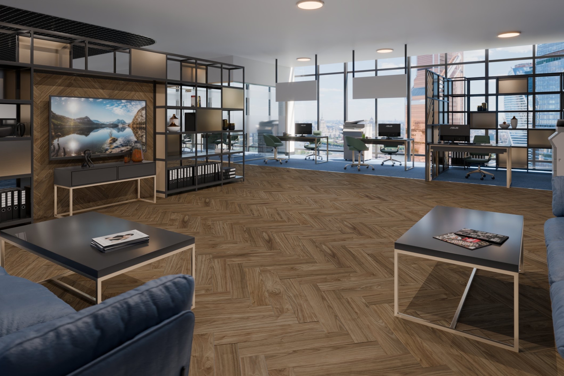 Кварцвиниловый SPC ламинат Damy Floor London Дерби 0036-1 венгерская елка 615×123×4 фото в интерьере