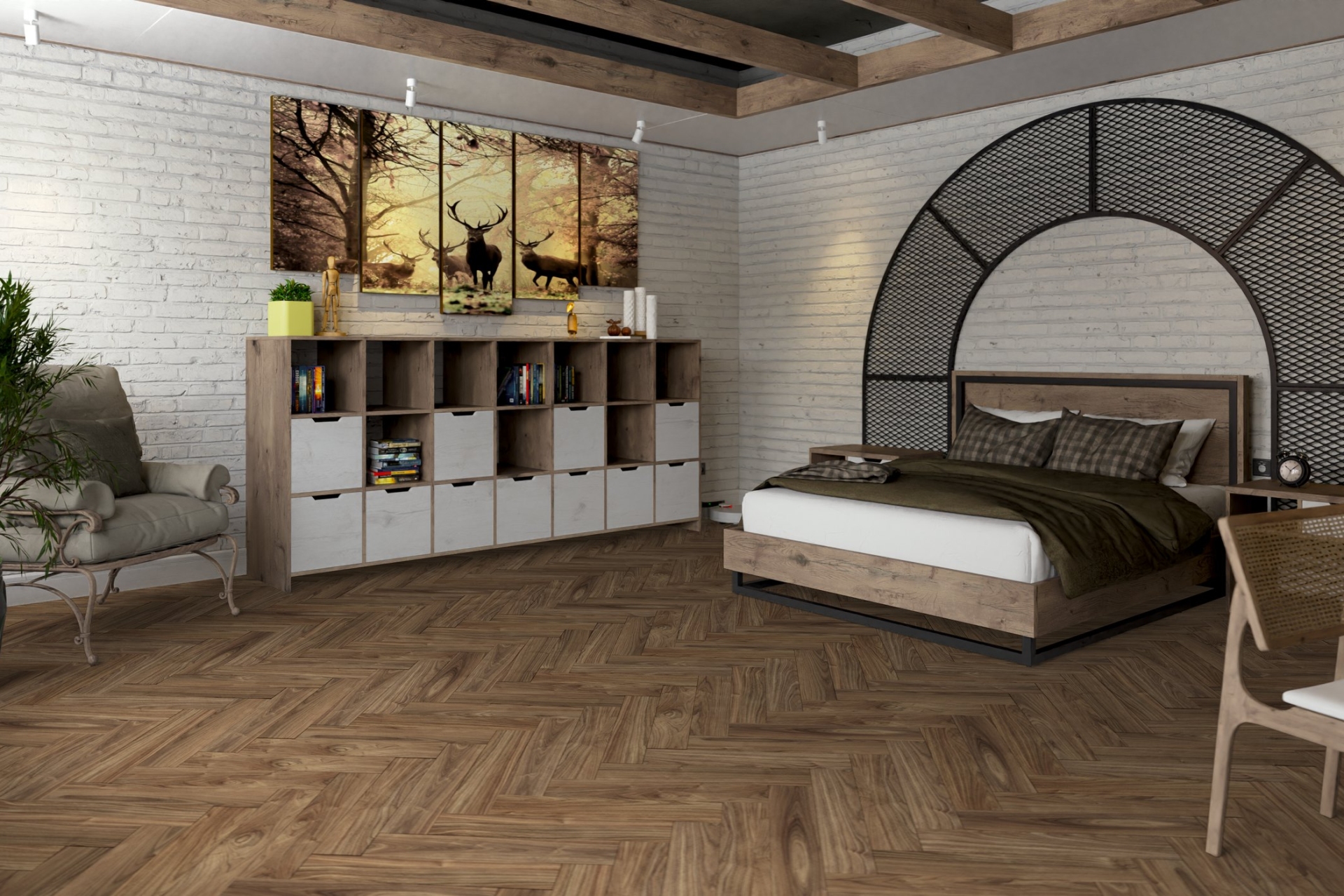 Кварцвиниловый SPC ламинат Damy Floor London Дерби 0036-1 венгерская елка 615×123×4 фото в интерьере