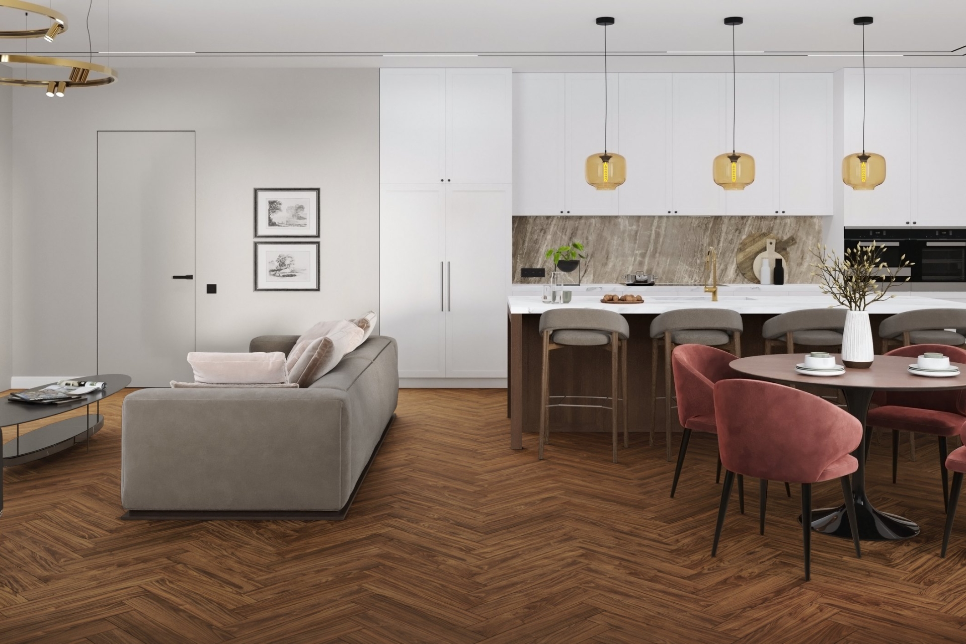 Кварцвиниловый SPC ламинат Damy Floor London Дерби 0036-1 венгерская елка 615×123×4 фото в интерьере