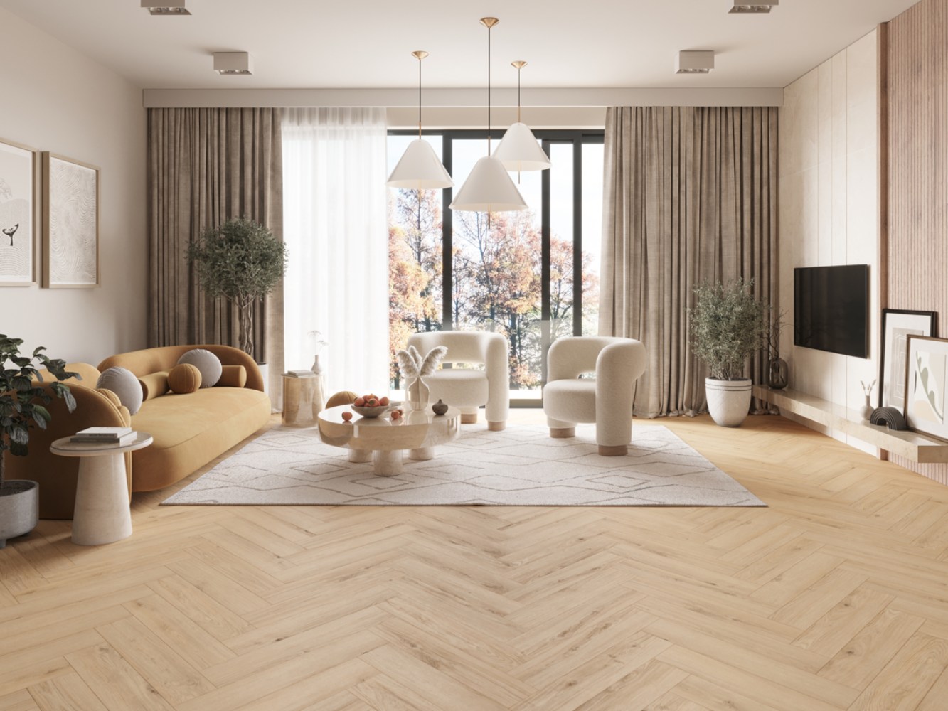Ламинат Alpine Floor Ville Дуб Цетинский 63276 венгерская елка 643x131×8 фото в интерьере