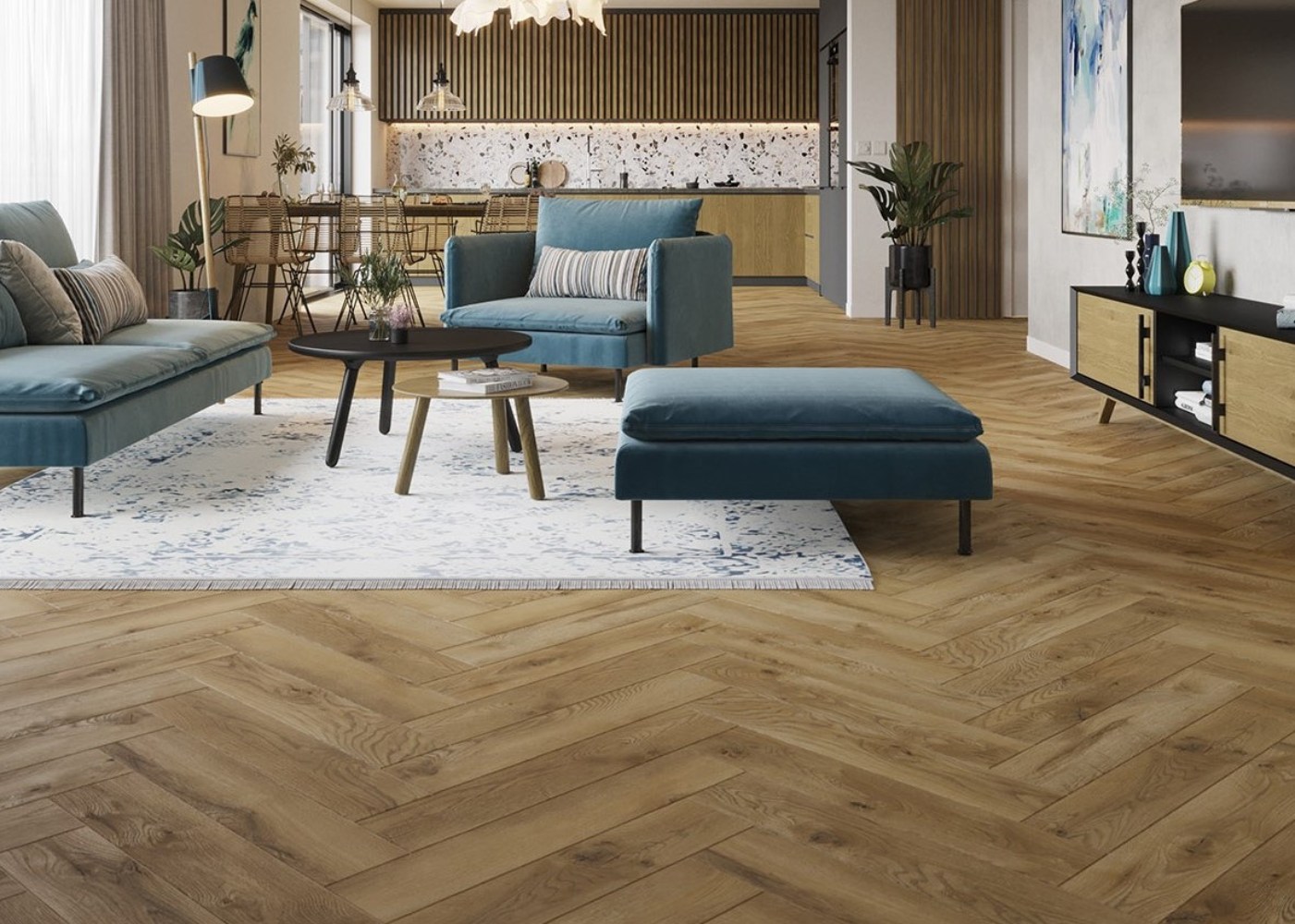 Ламинат Alpine Floor Ville Дуб Каррито 63262 венгерская елка 643x131×8 фото в интерьере