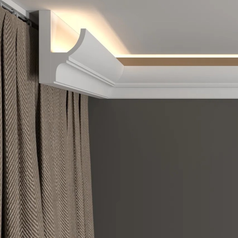 Потолочный плинтус под покраску Decor-Dizayn DD508 с подсветкой 2000×45×70 фото в интерьере