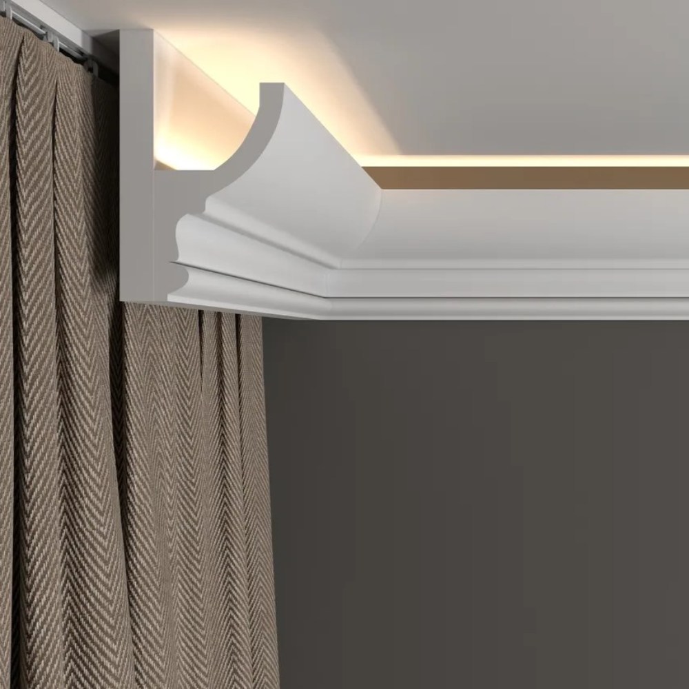 Потолочный плинтус под покраску Decor-Dizayn DD507 с подсветкой 2000×58×97 фото в интерьере
