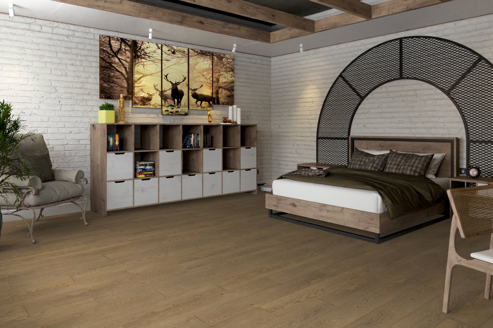 Кварцвиниловый SPC ламинат Damy Floor Family Дуб Мокко 0030-6 1220×180×4 фото в интерьере