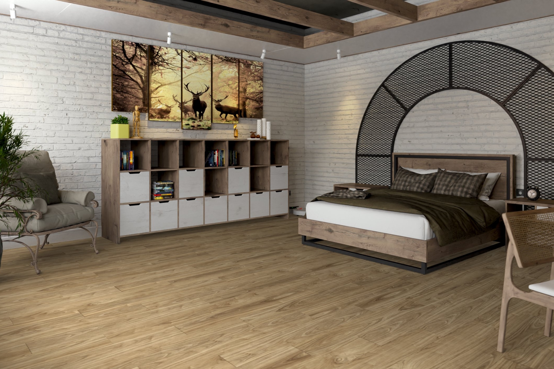 Кварцвиниловый SPC ламинат Damy Floor Family Орех Европейский 0036-2 1220×180×4 фото в интерьере