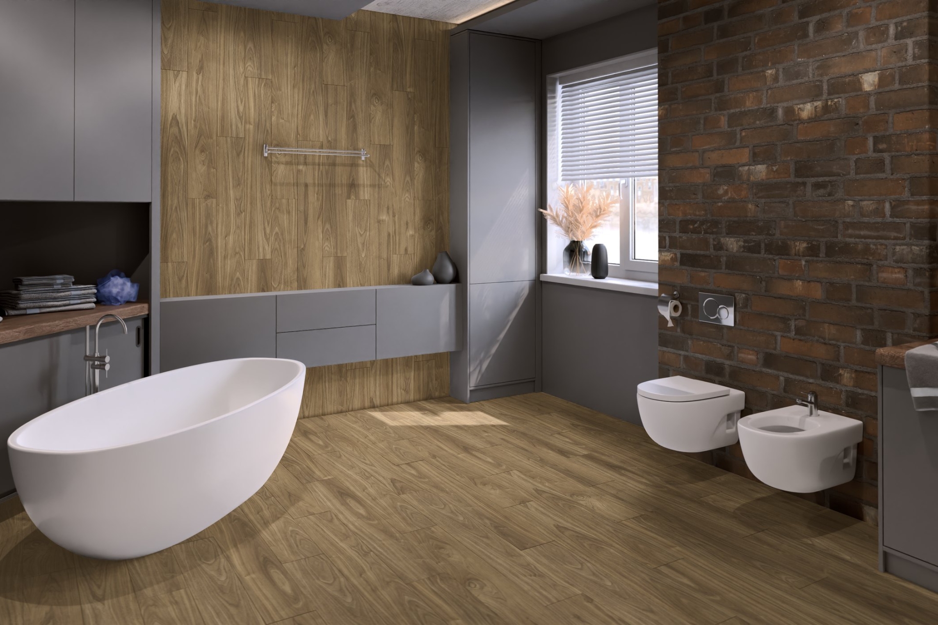 Кварцвиниловый SPC ламинат Damy Floor Family Орех Европейский 0036-2 1220×180×4 фото в интерьере