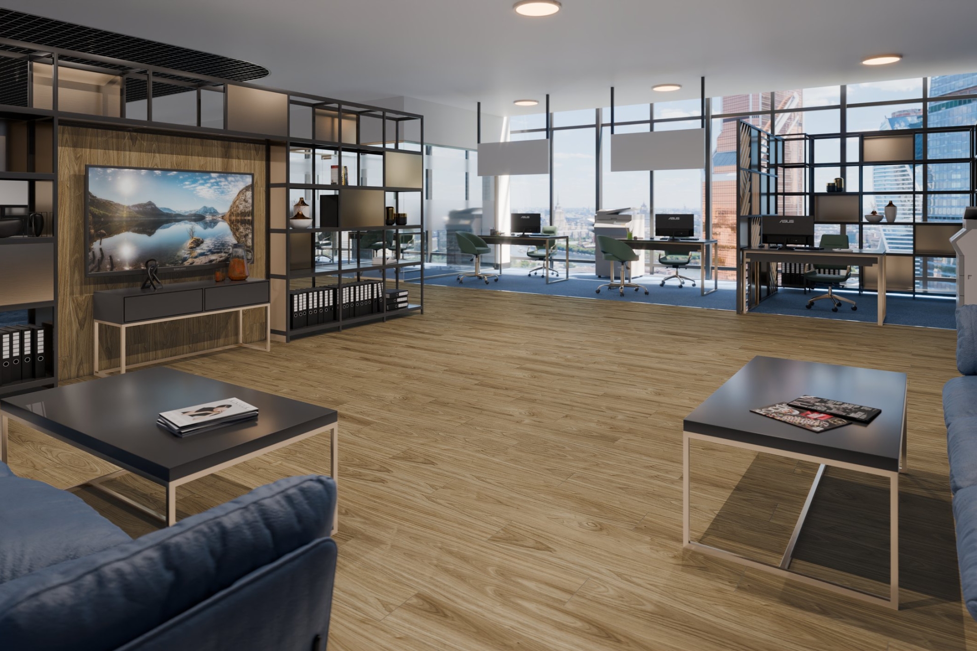 Кварцвиниловый SPC ламинат Damy Floor Family Орех Европейский 0036-2 1220×180×4 фото в интерьере